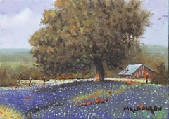 Paysage champêtre bleubonnet printemps avec grange rouge