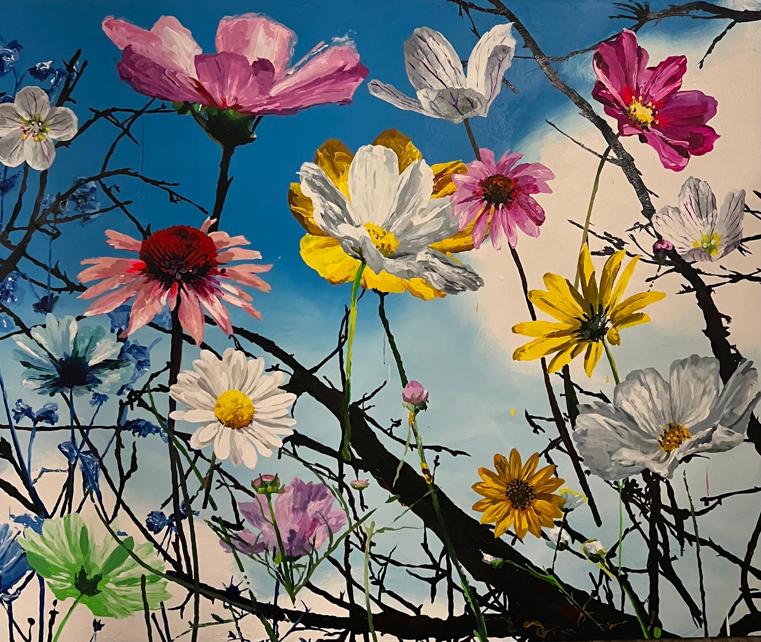 Magic Flowers Mixed Media Painting, Contemporary Unframed Art (Art contemporain non encadré)