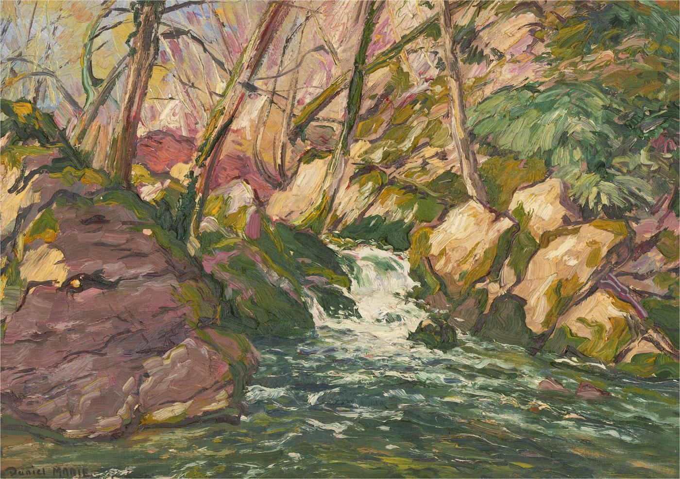 A dynamic and impasto oil showing a forest river, rushing over mossy boulders, creating white eddies. The artist has signed to the lower left corner and the painting has been presented in a contemporary brushed gilt effect frame. On board.
