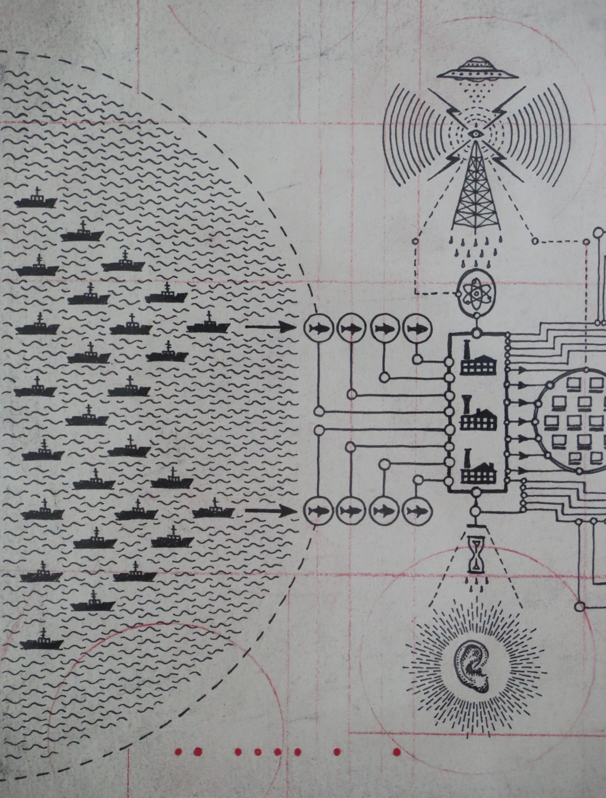 Mysterious drawing making connections in the cyber world in inexplicable ways in this drawing by Daniel Martin Diaz. Graphite and crimson pencil on paper. The drawing floats in a frame.