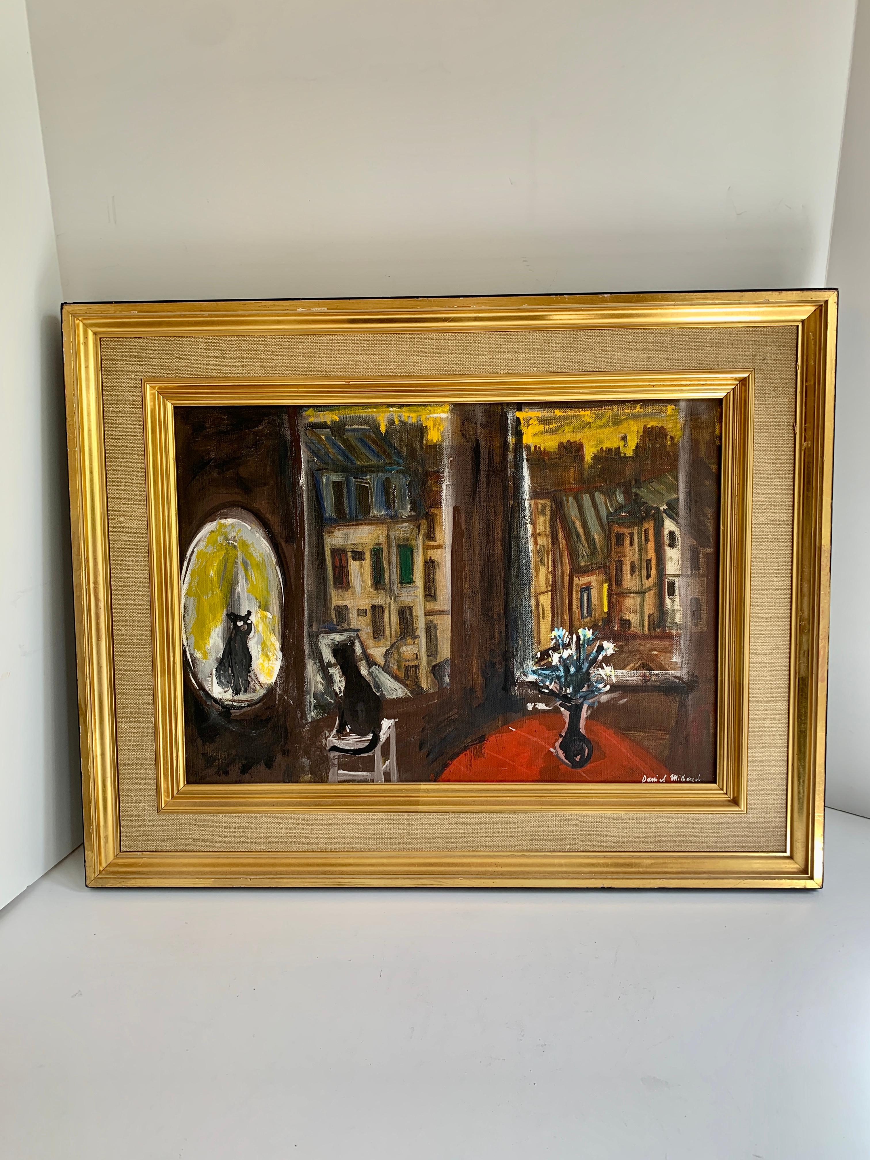 20th Century Daniel Mihaud Oil on Canvas Painting of a Cat