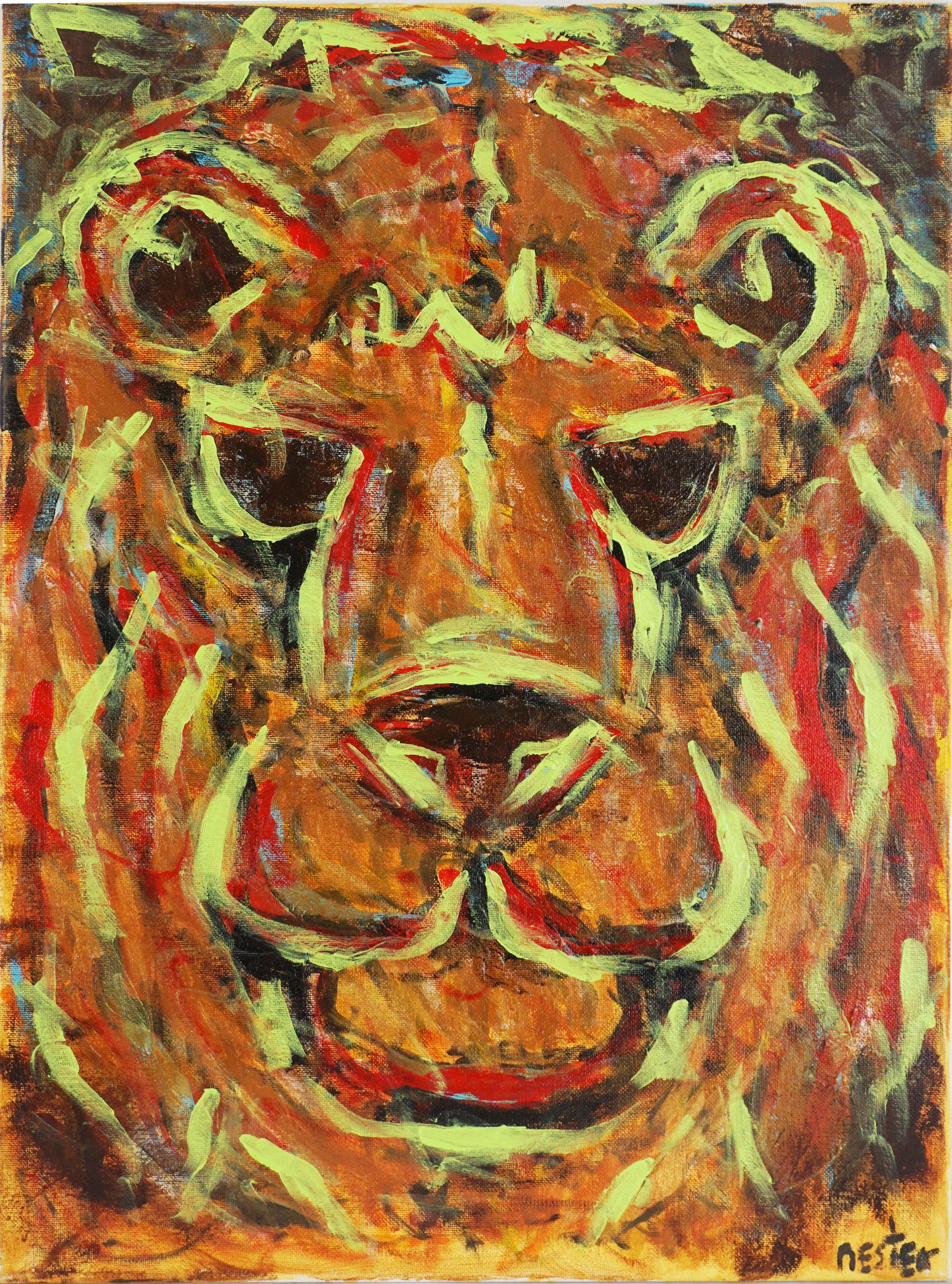 Animal Painting Daniel Nester - Le lion expressionniste abstrait fauviste