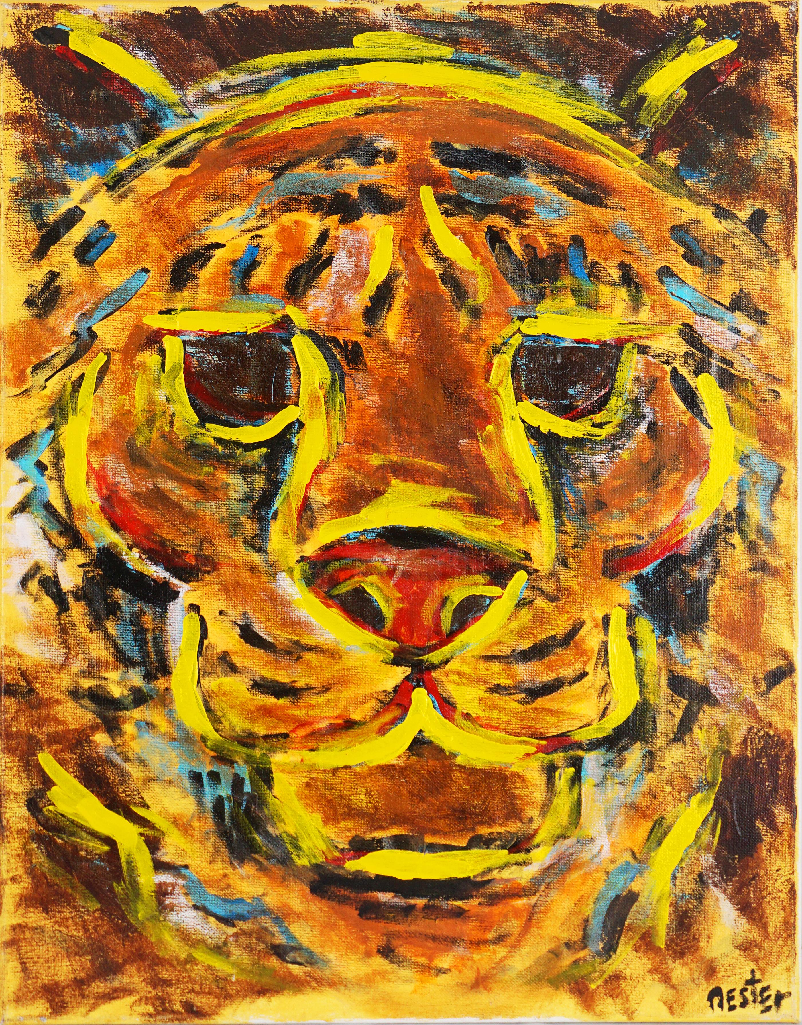 Animal Painting Daniel Nester - Tigre expressionniste abstrait fauviste