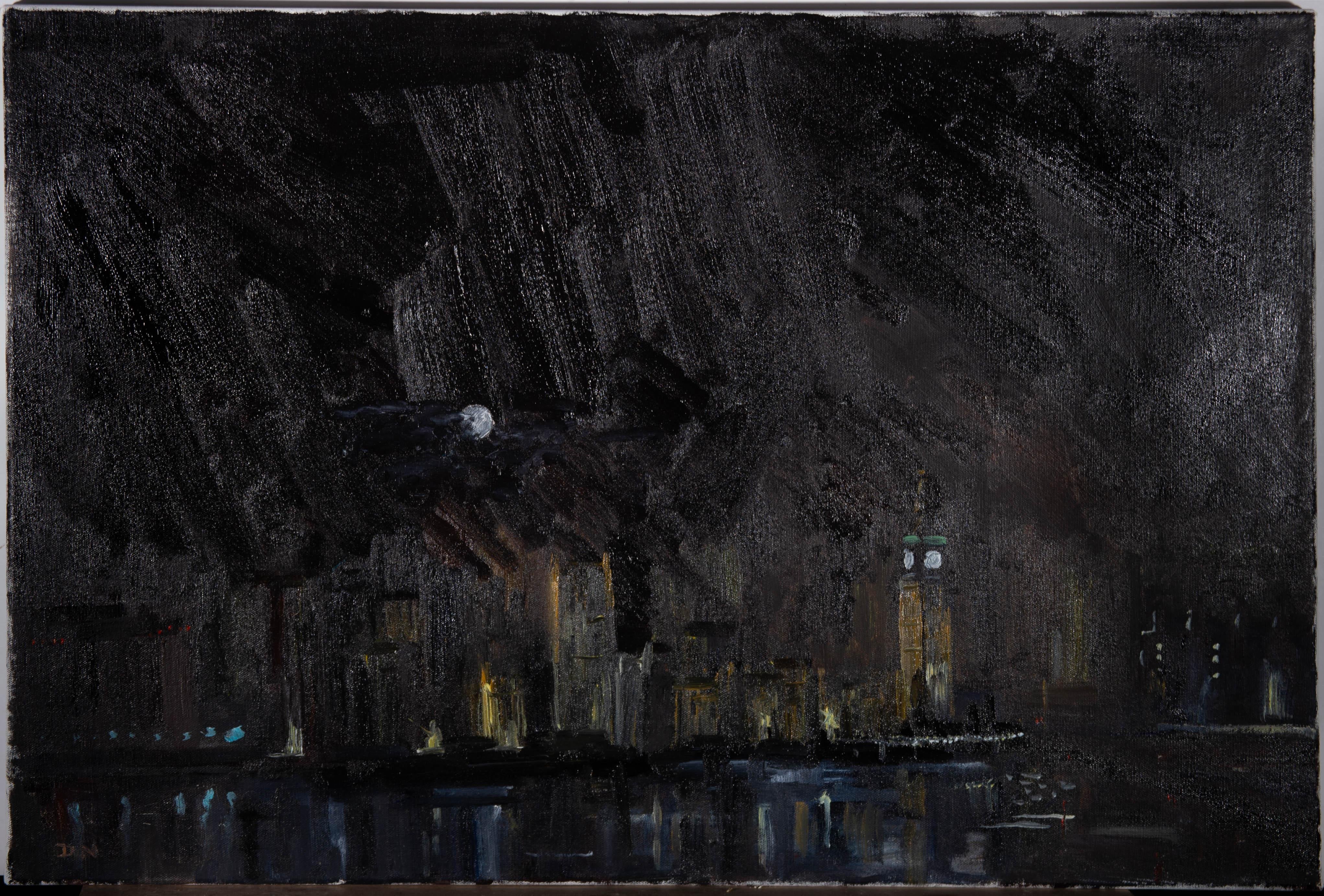 A striking moonlit view of the London embankment with the Houses of Parliament and Big Ben Lit up. The artist has initialed at the lower left. On canvas.
