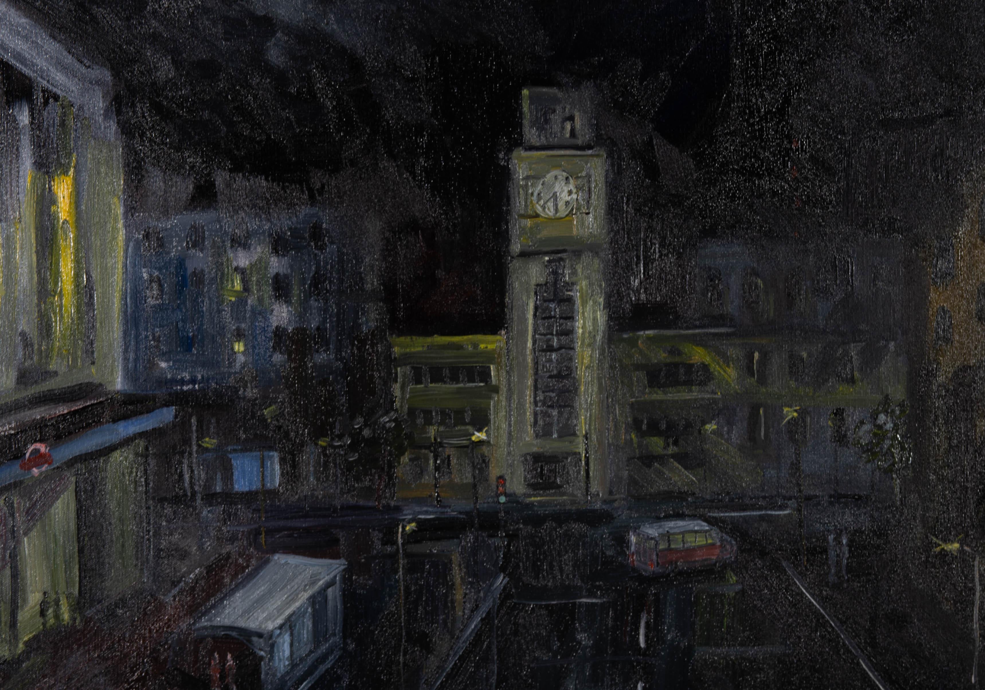 An atmospheric and moody night time scene in oil showing Victoria, London under street lights. The artist has initialed and dated to the lower right. On canvas.
