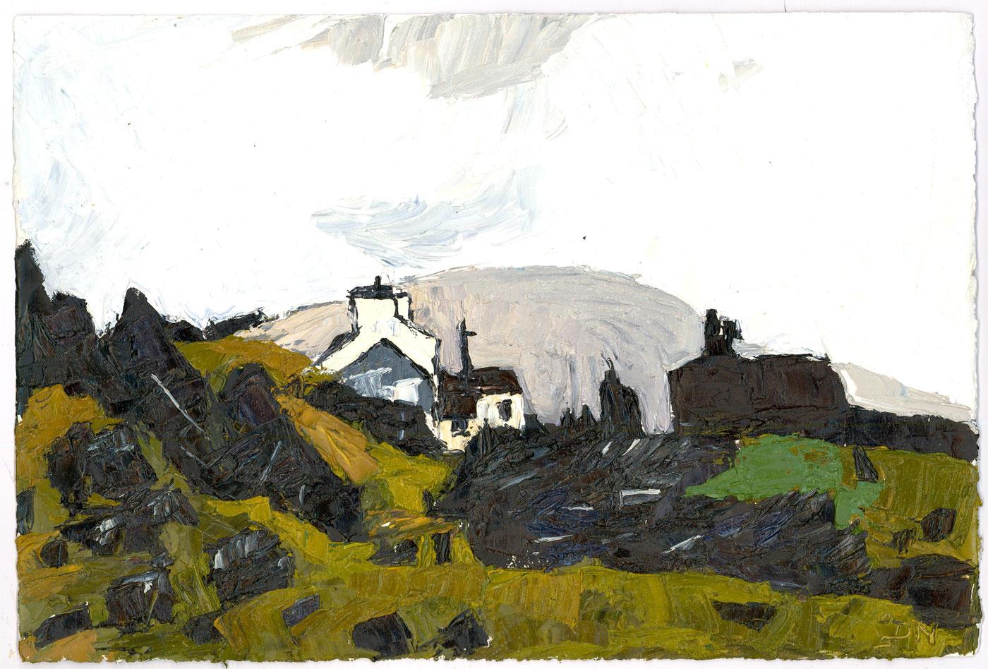 A picturesque study of whitewashed cottages by contemporary artist Daniel Nichols, after an original painting by Kyffin Williams. Initialled to the lower right. On wove. 
