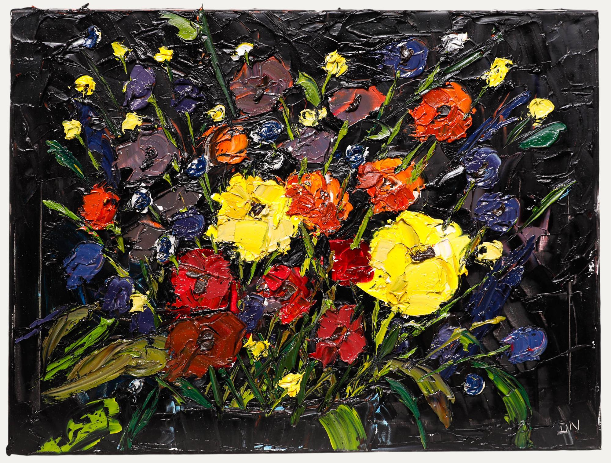 An original impasto work by contemporary artist Daniel Nichols. Rich in colour and texture, this composition depicts a vibrant spray of poppies. The work is signed with the artist's initials in the lower right corner. On canvas on stretchers. 