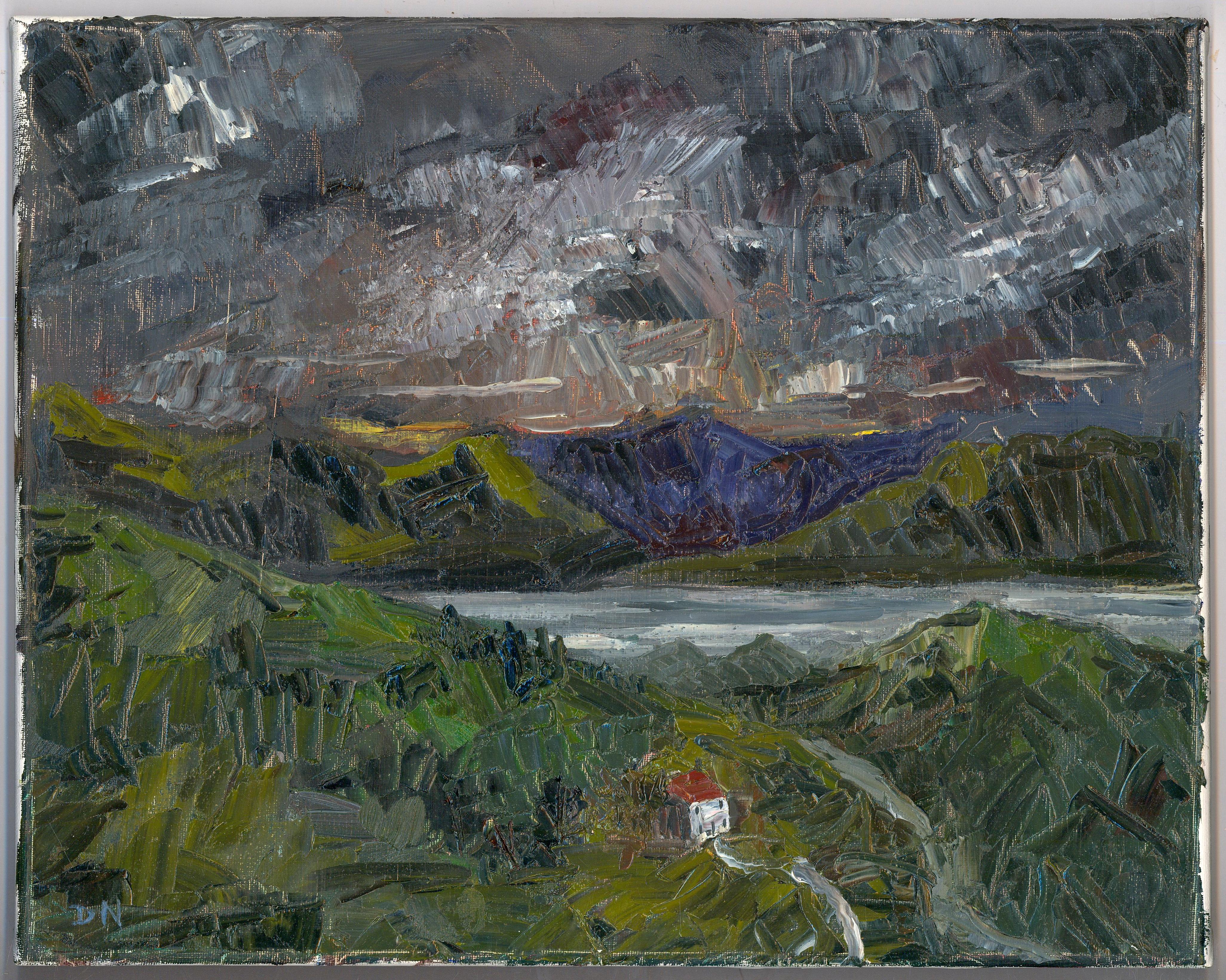 An expressive impasto scene by contemporary artist Daniel Nichols, depicting stormy skies over Loch Ness. Bring scale to this dramatic landscape, Nichols has included a charming white fronted cottage in the foothills to the front. Signed with