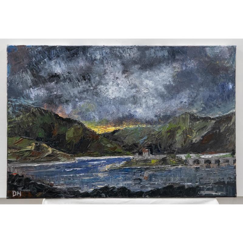 An atmospheric depiction of the sun setting over a loch on the Isle of Skye. The artist uses an expressive impasto technique to capture the impressive sense of movement in the landscape. Signed with initials to the lower left. On canvas.
