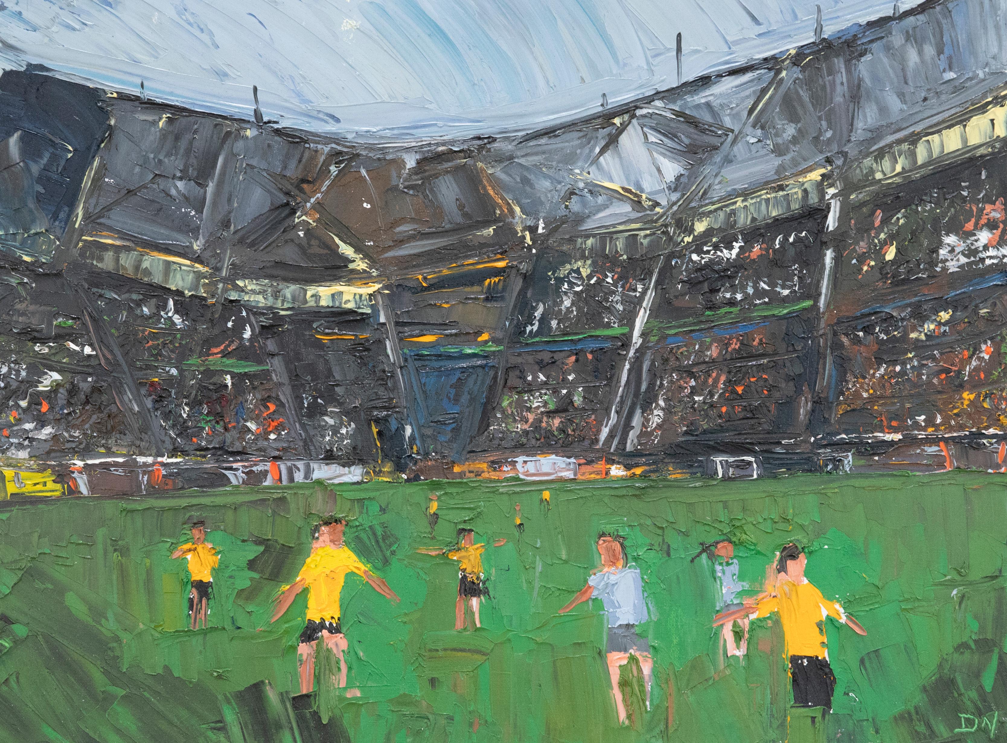 An expressive and energetic contemporary oil by the artist Daniel Nichols, depicting a match moment at the FIFA 2022 World Cup in Qatar. Signed with initials to the lower right. On canvas board. 
