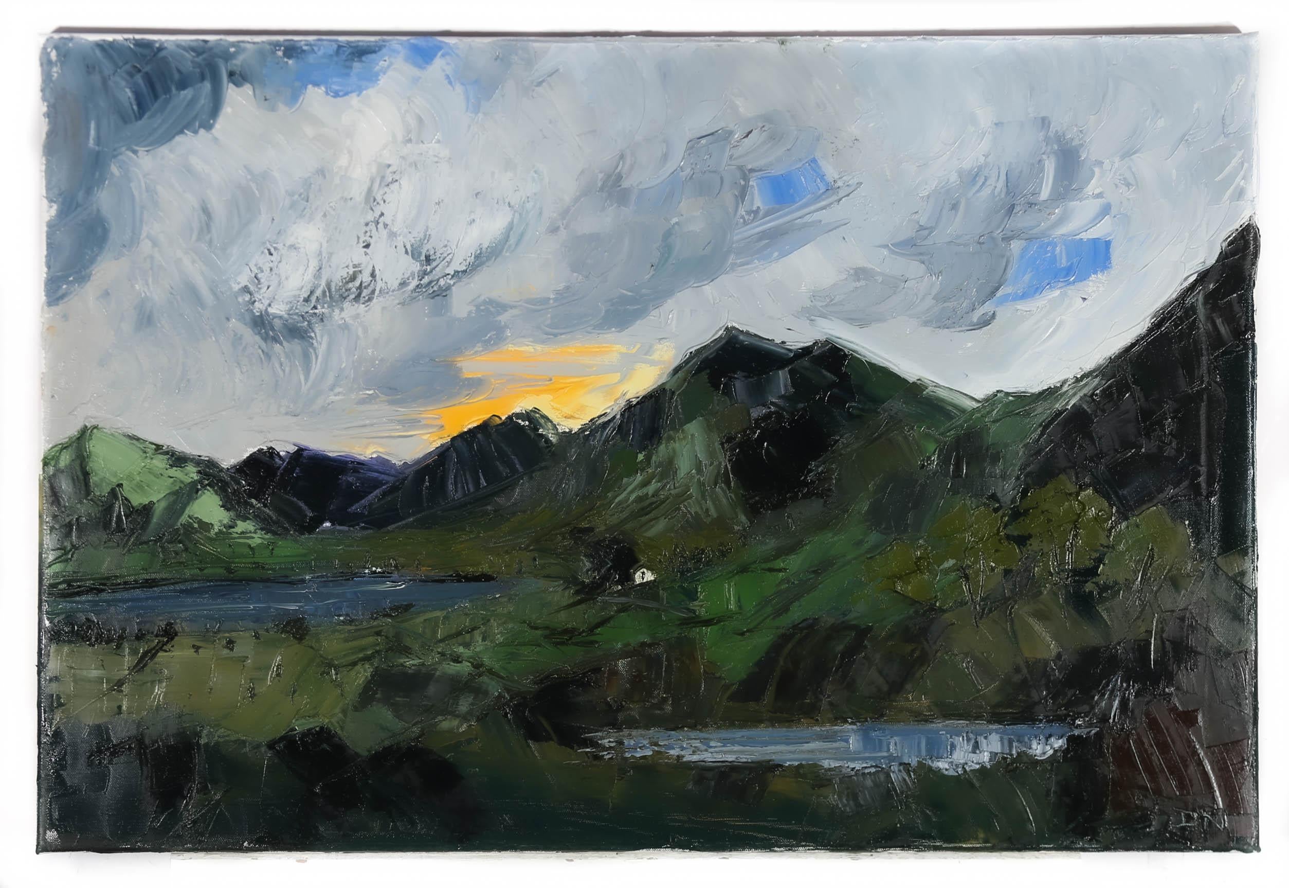 A wonderful expansive study of the Lake District by Daniel Nichols. The rich impasto texture of the painting perfectly captures the rugged beauty of the North of England. Signed with initials at the lower right. On canvas on stretchers.
