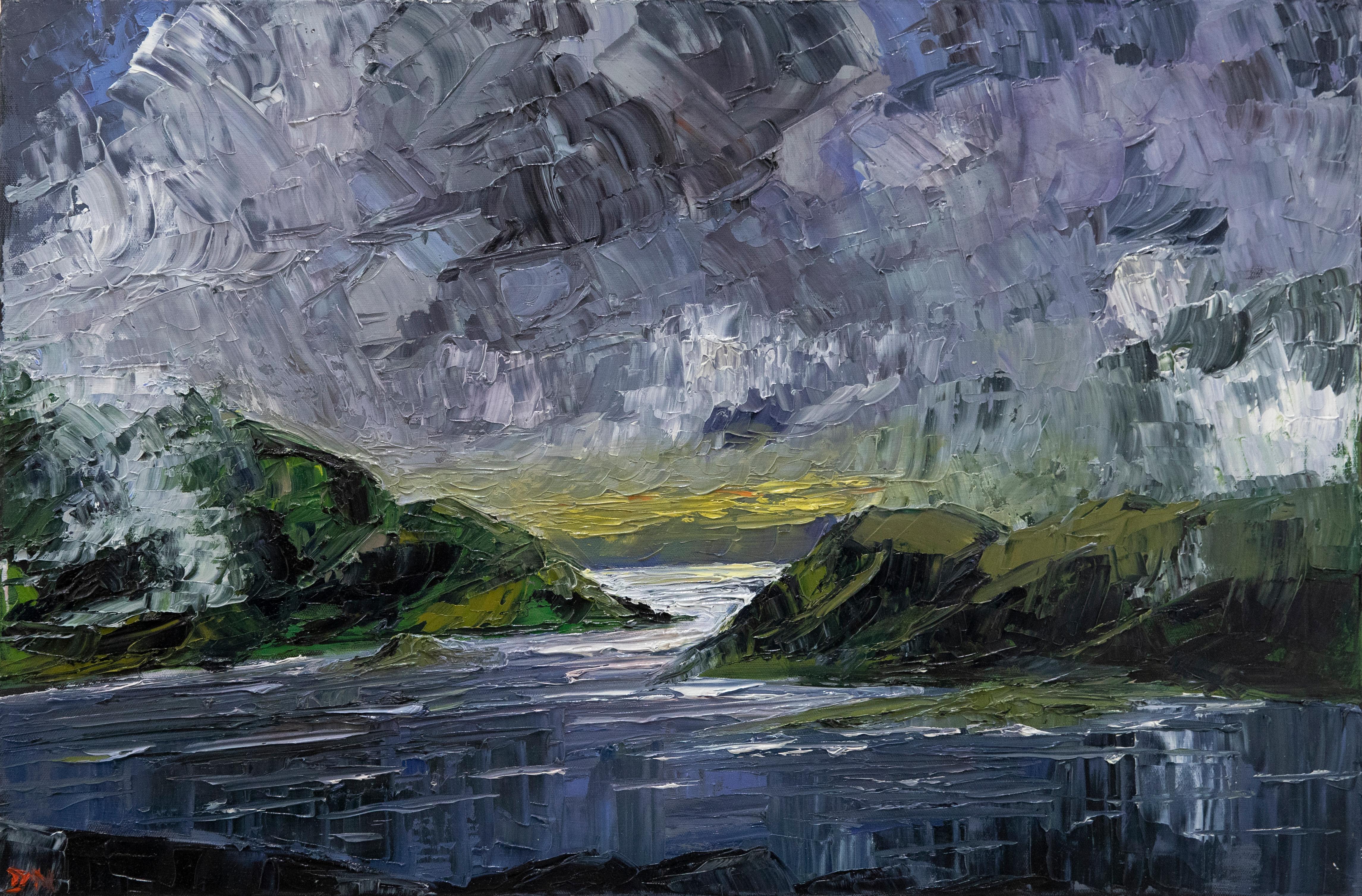 A charming depiction of Loch Restil in the highlands of Scotland. The artist uses a dynamic impasto technique to capture the atmospheric sunset over the picturesque landscape. Signed to the lower left. On canvas.
