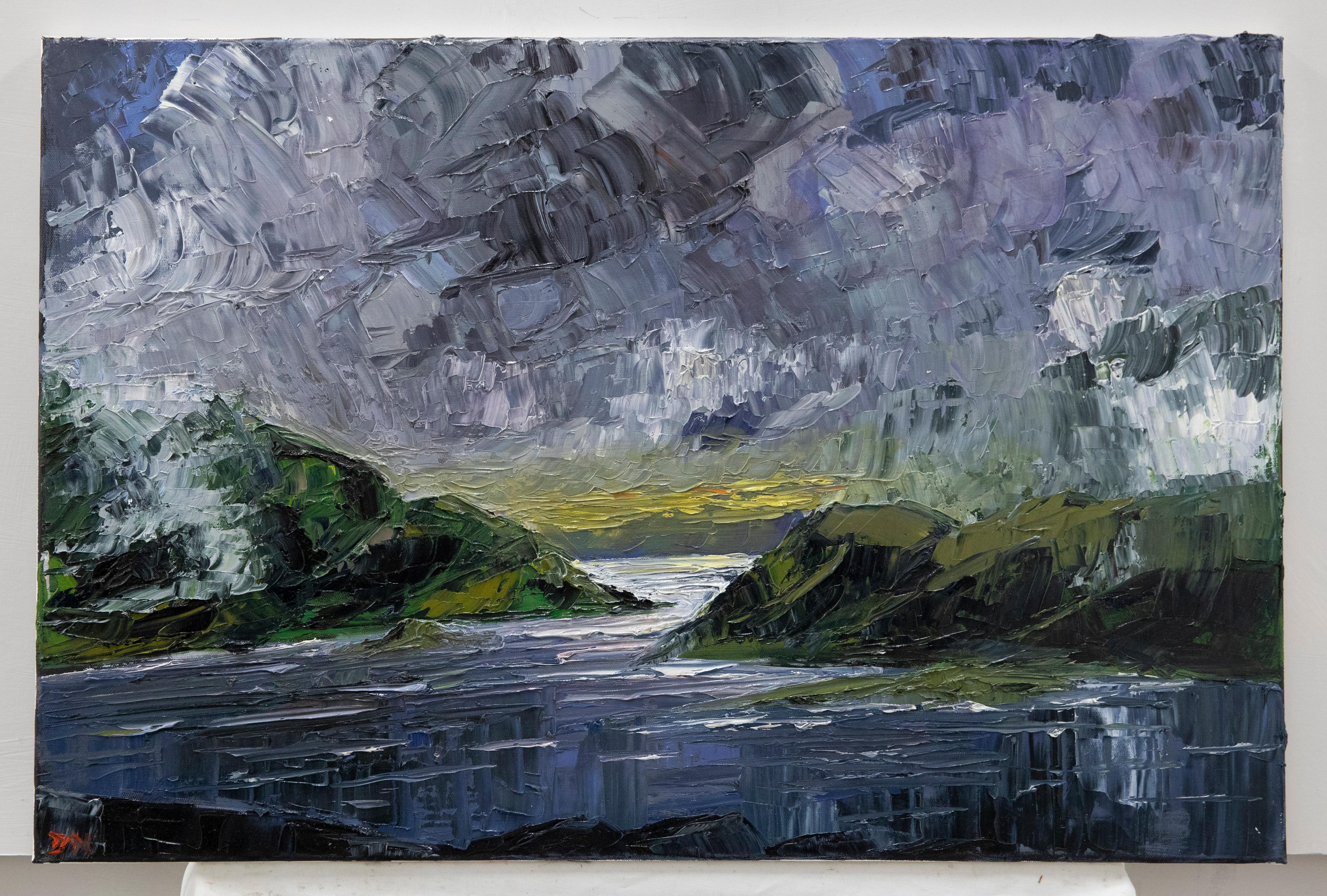 A charming depiction of Loch Restil in the highlands of Scotland. The artist uses a dynamic impasto technique to capture the atmospheric sunset over the picturesque landscape. Signed to the lower left. On canvas.
