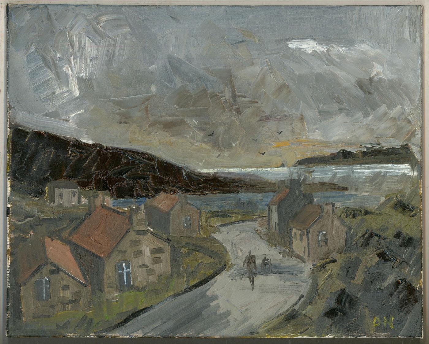 An expressive and textured landscape of a small Scottish village by Daniel Nichols. Completed with an atmospheric colour palette and areas of impasto. Inscribed with the location to the reverse. Signed with initials. On canvas on stretchers.