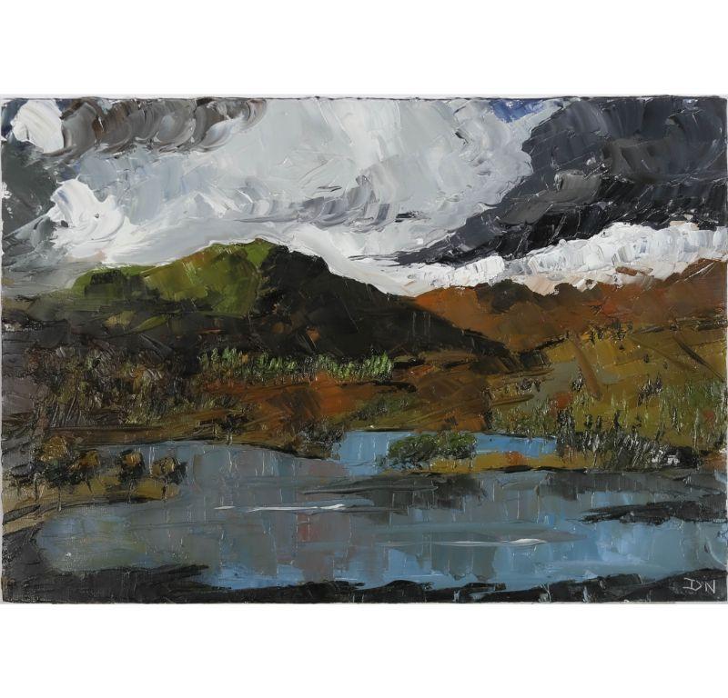 A dramatic impasto scene of Lake Rydal, found in the centre part of the English Lake District. Signed with initials to the lower right and inscribed with the location verso. On canvas board. 
