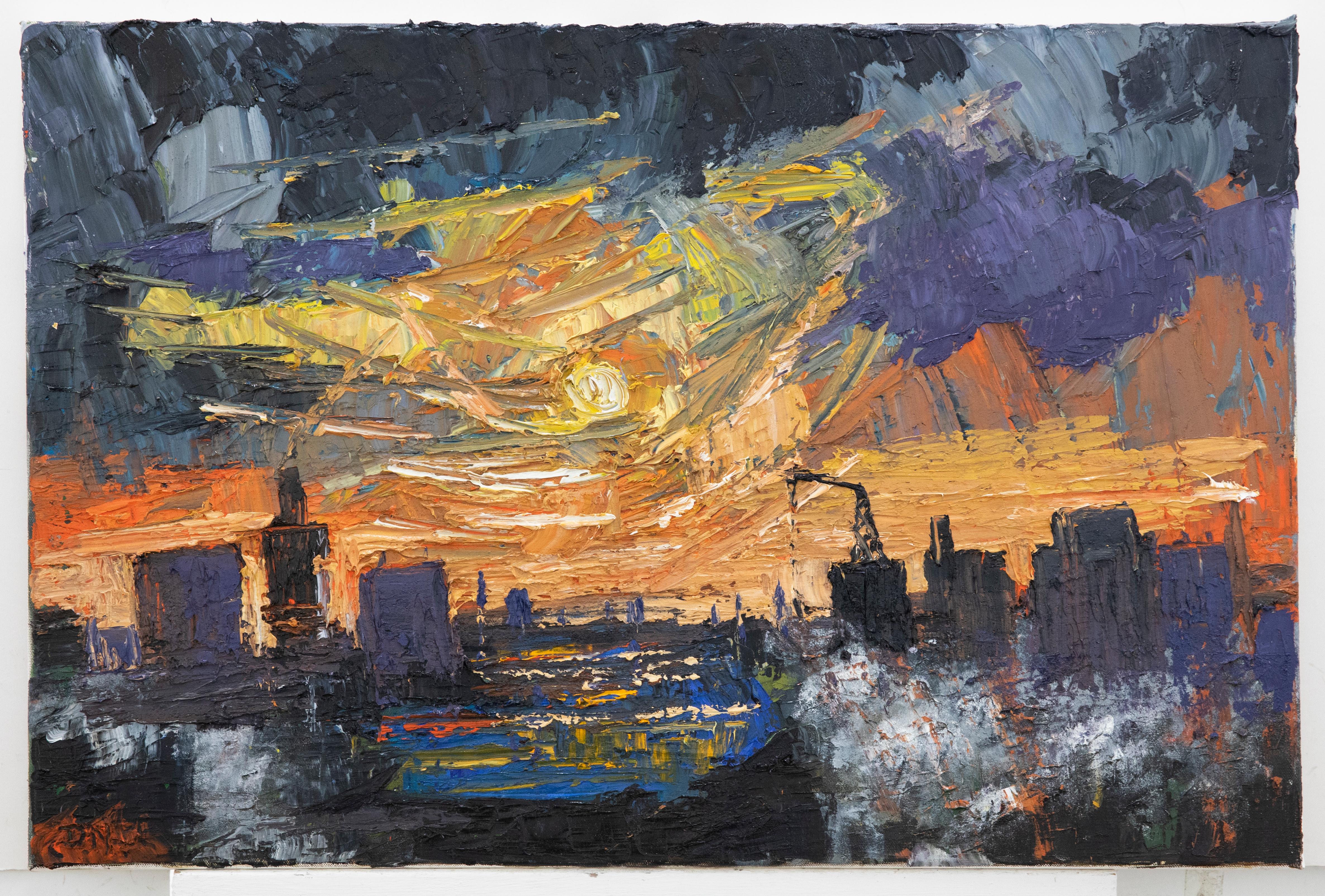 Daniel Nichols - Contemporary Oil, Silhouetted Skyline For Sale 1