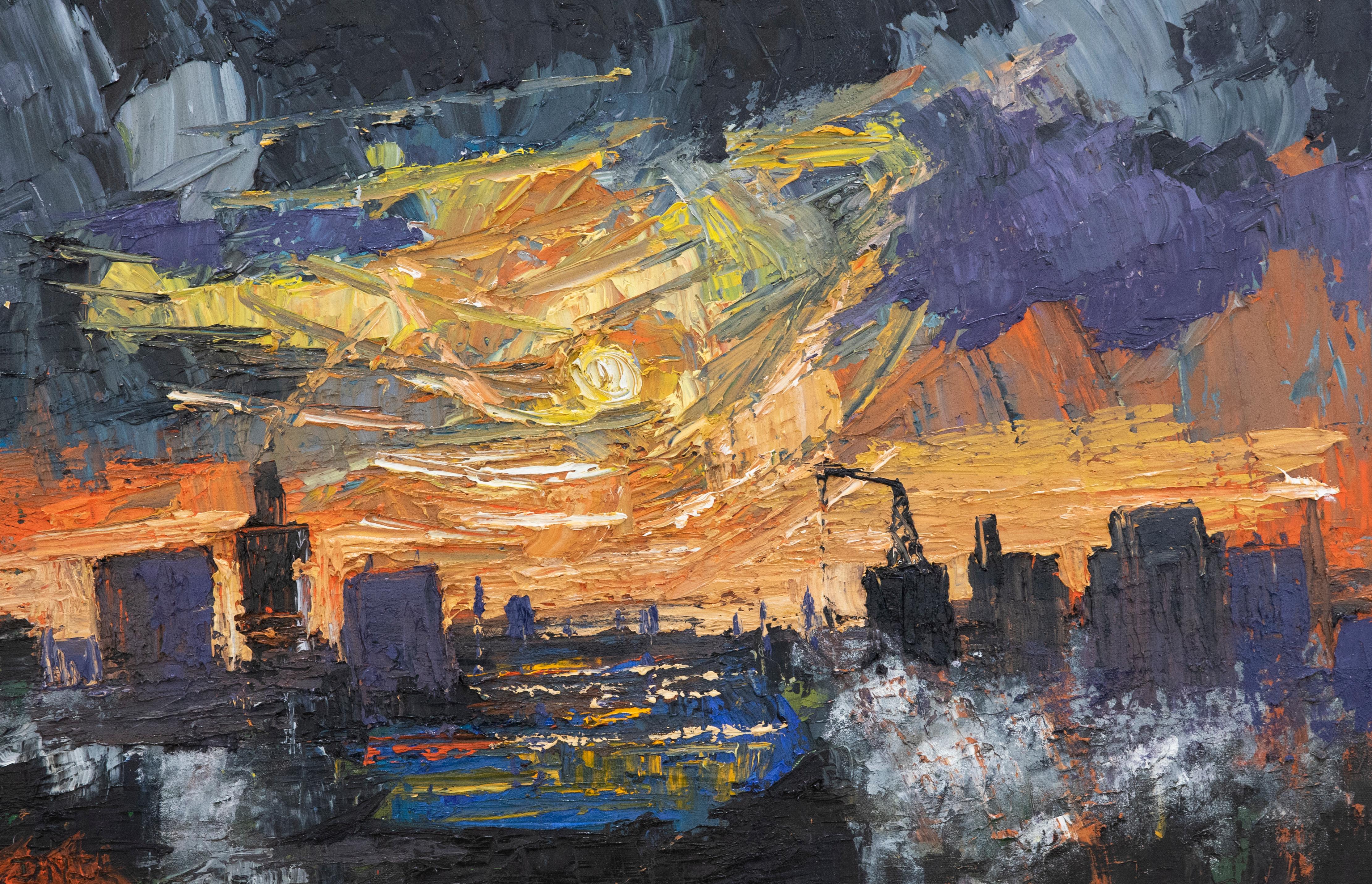 A dramatic cityscape by contemporary artist Daniel Nichols. The artist has used oils in an impasto fashion to capture a mesmerizing city sunset. The painting has been initialled by Nichols to the lower left. On canvas on stretchers.
