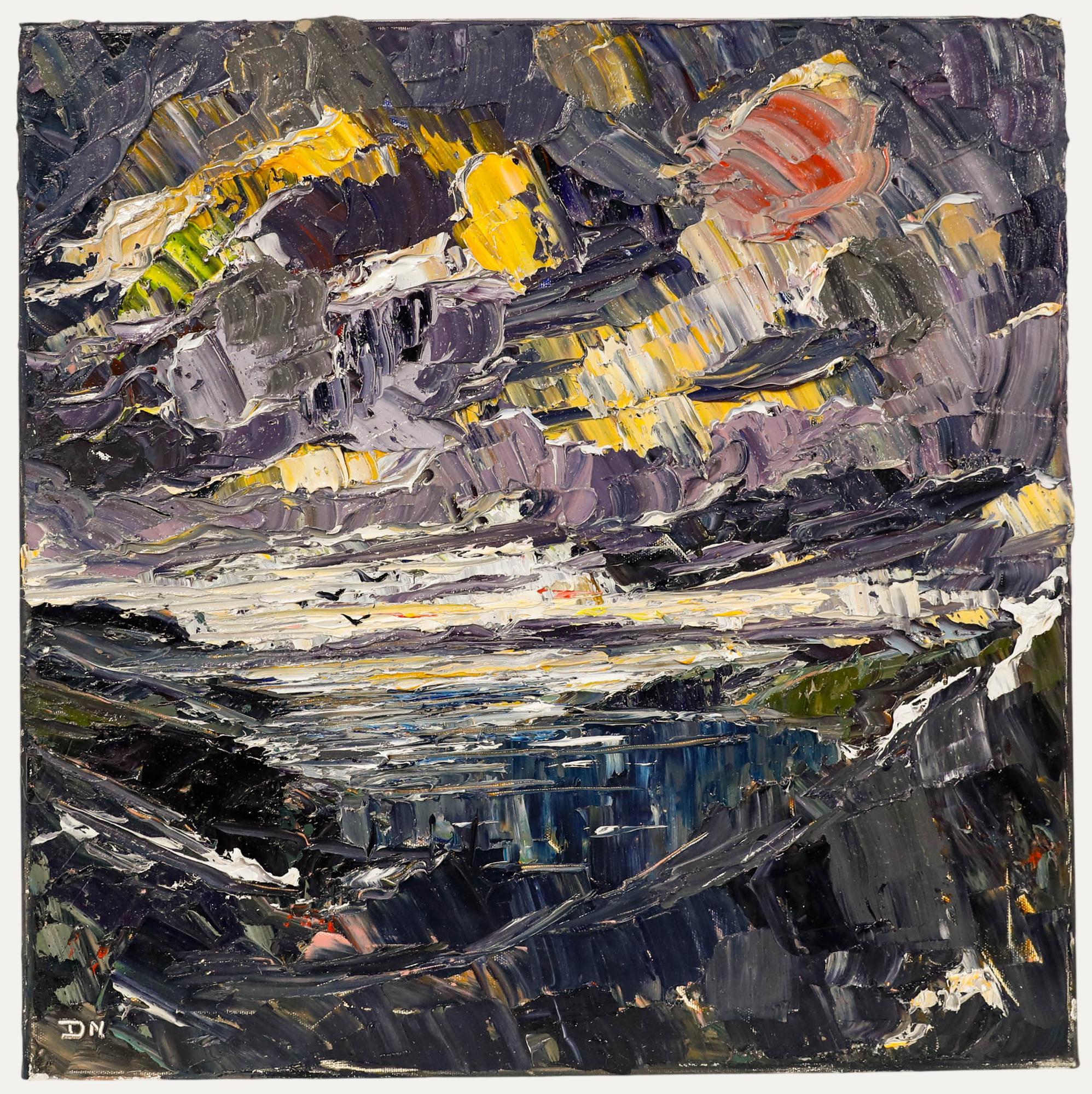 An original coastal landscape by the contemporary artist Daniel Nichols. Signed with initials to the lower left. On canvas on stretchers. Image size: 51 x 51cm.