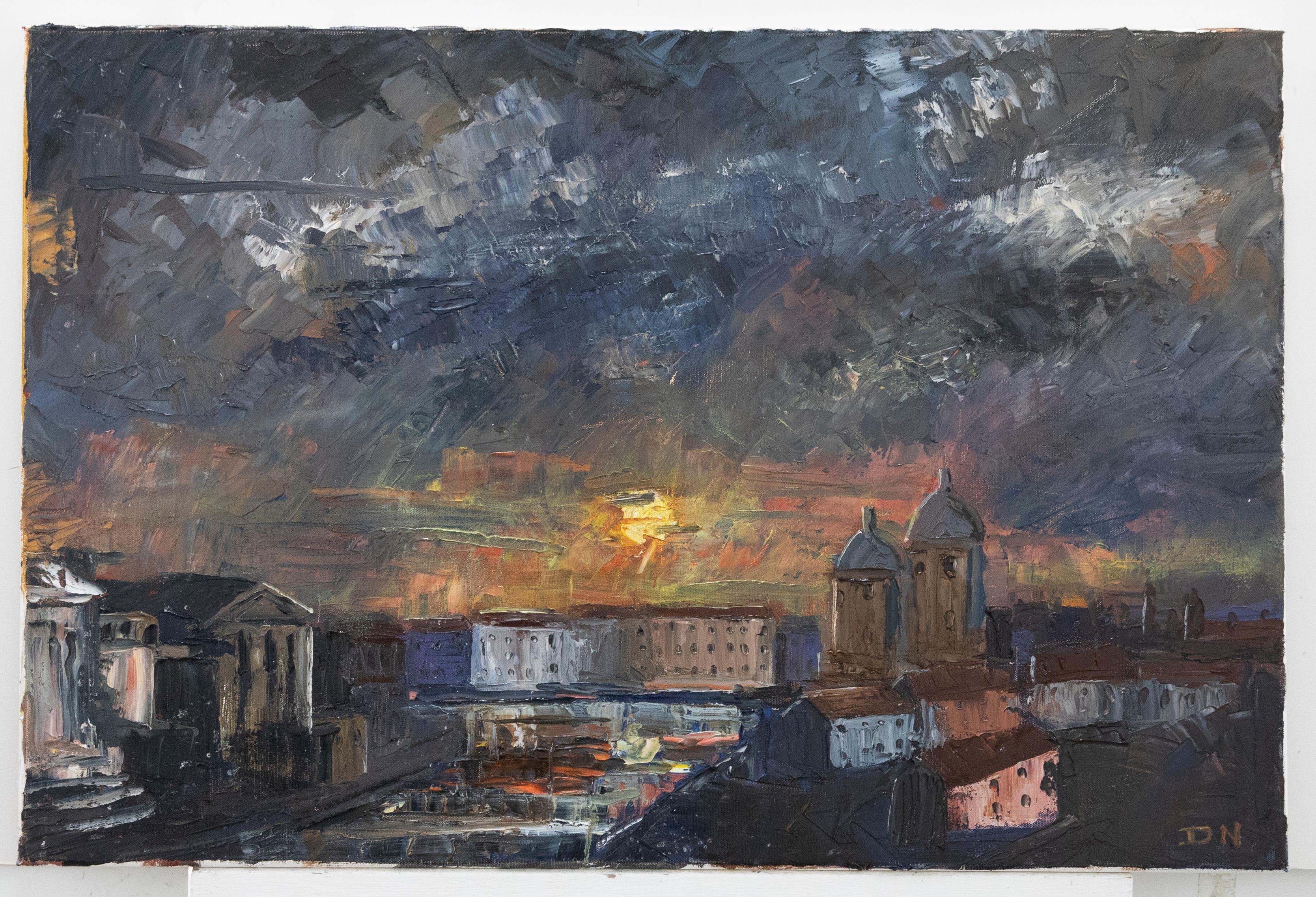 An atmospheric oil painting by contemporary artist Daniel Nichols, depicting a dark and dramatic sunset over the historic city of Rome. Signed with initials to the lower right. On canvas on stretchers. 
