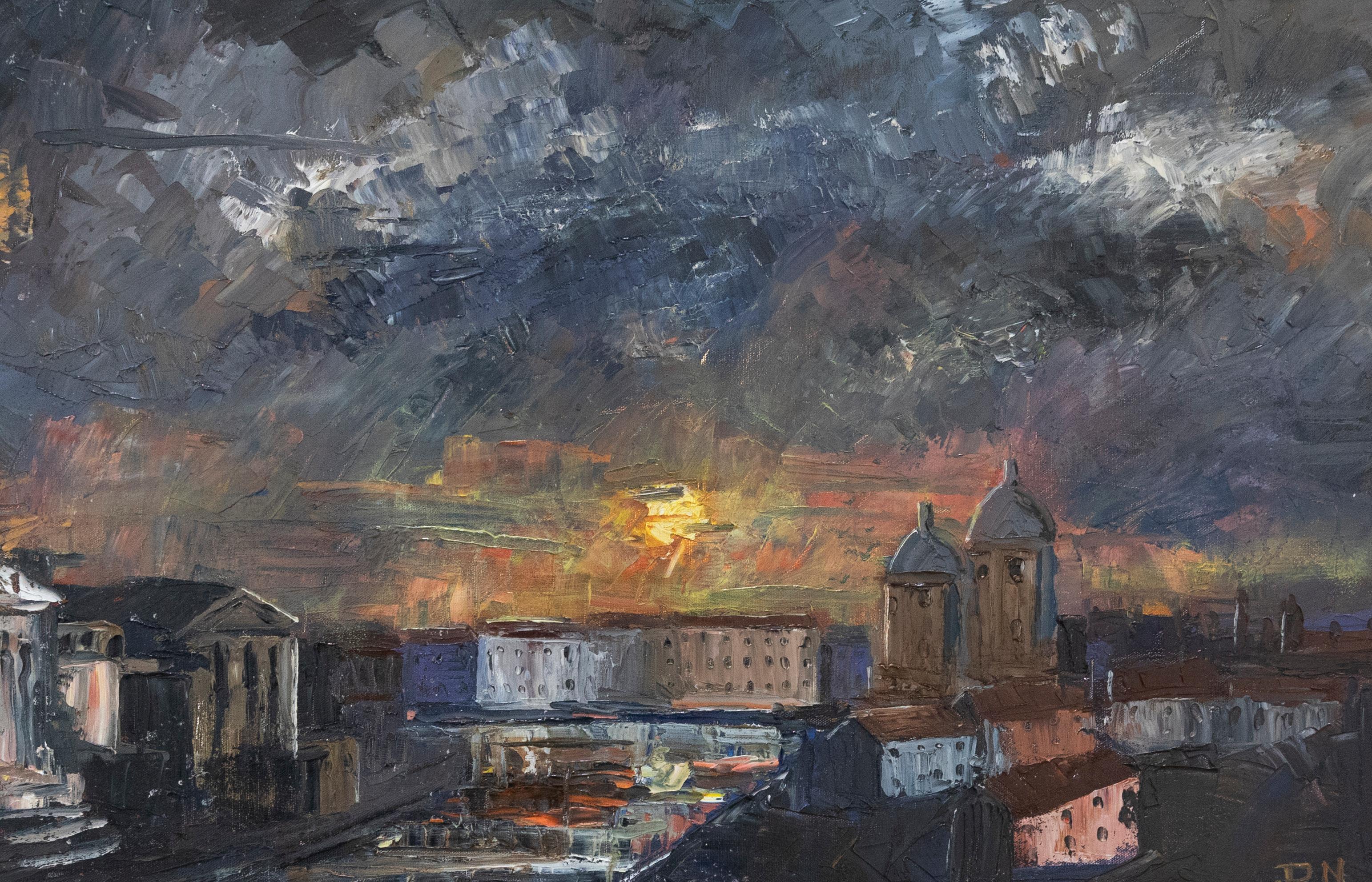 An atmospheric oil painting by contemporary artist Daniel Nichols, depicting a dark and dramatic sunset over the historic city of Rome. Signed with initials to the lower right. On canvas on stretchers. 
