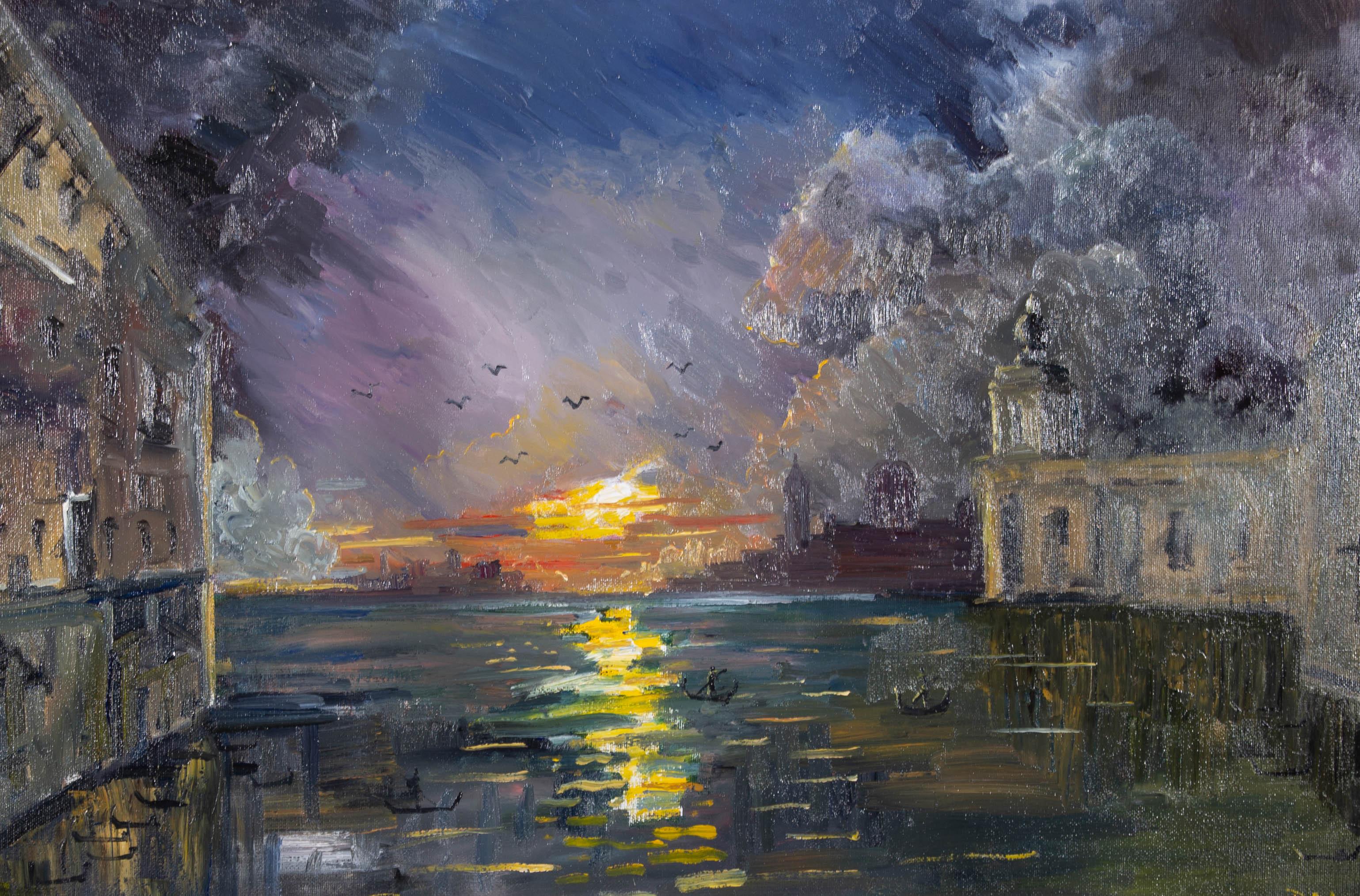 A vibrant Venetian view with a dramatic, colourful sunset. The artist has initialed to the lower right corner. On canvas.
