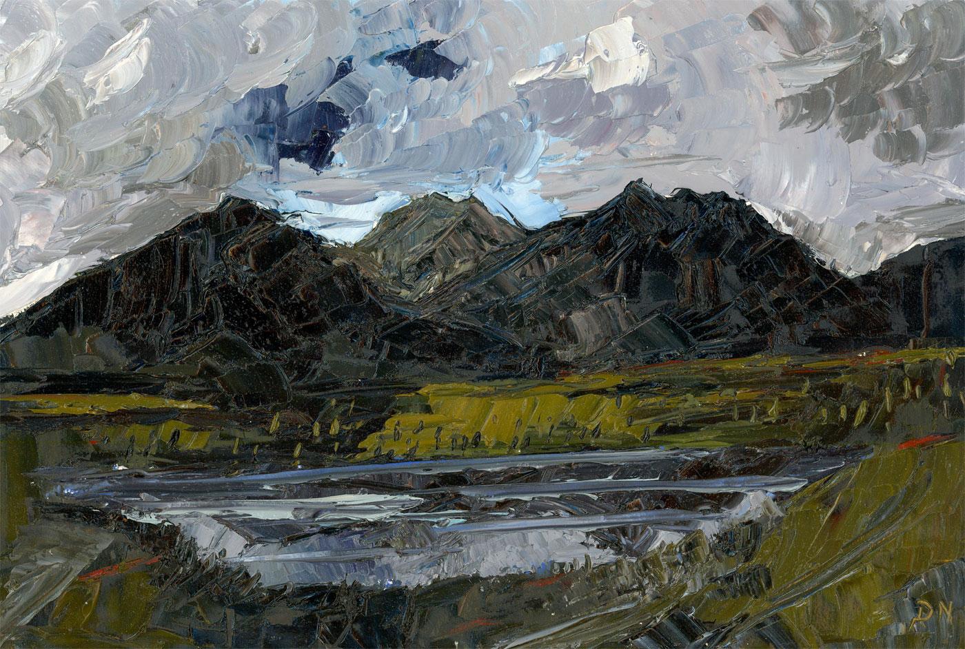 A wonderful expansive view of the Lake District by contemporary artist Daniel Nichols. Rich impasto textures perfectly capture the rugged beauty of mountains at Kendal. Signed with initials to the lower right. On wove.
