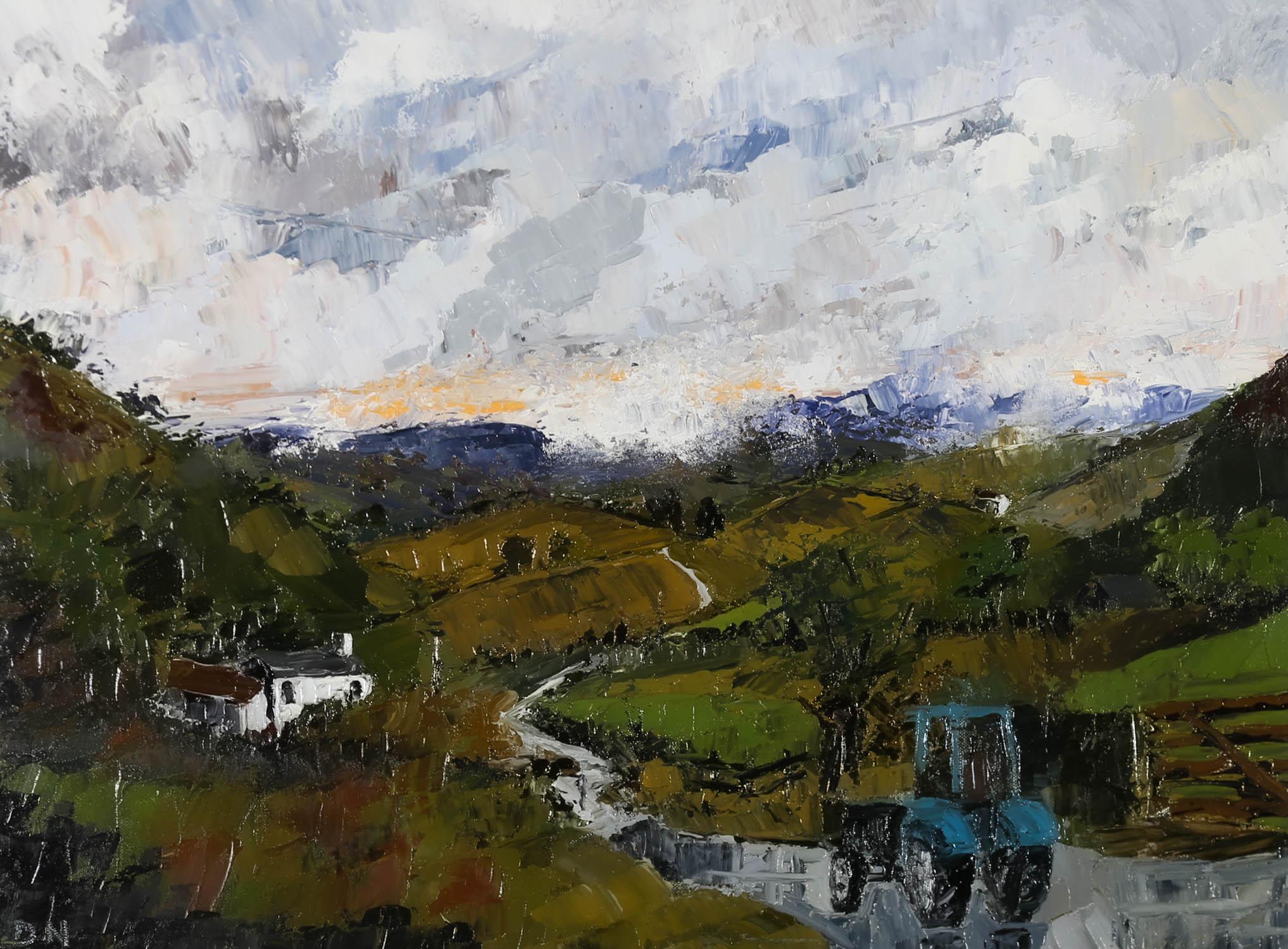 An expressive landscape study by Daniel Nichols depicting an expansive Welsh landscape. Created with rich impasto and an earthy colour palette. Signed with initials to the lower right. On cavas on stretchers.
