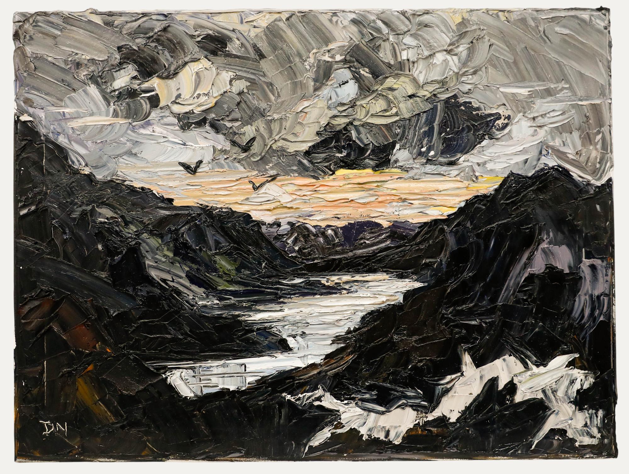 With broad palette knife sweeps and rich impasto texture, Nichols renders an expansive mountainous landscape in an expressive style reminiscent of Kyffin Williams. Signed with the artist's initials to the lower left. On canvas on stretchers. 
