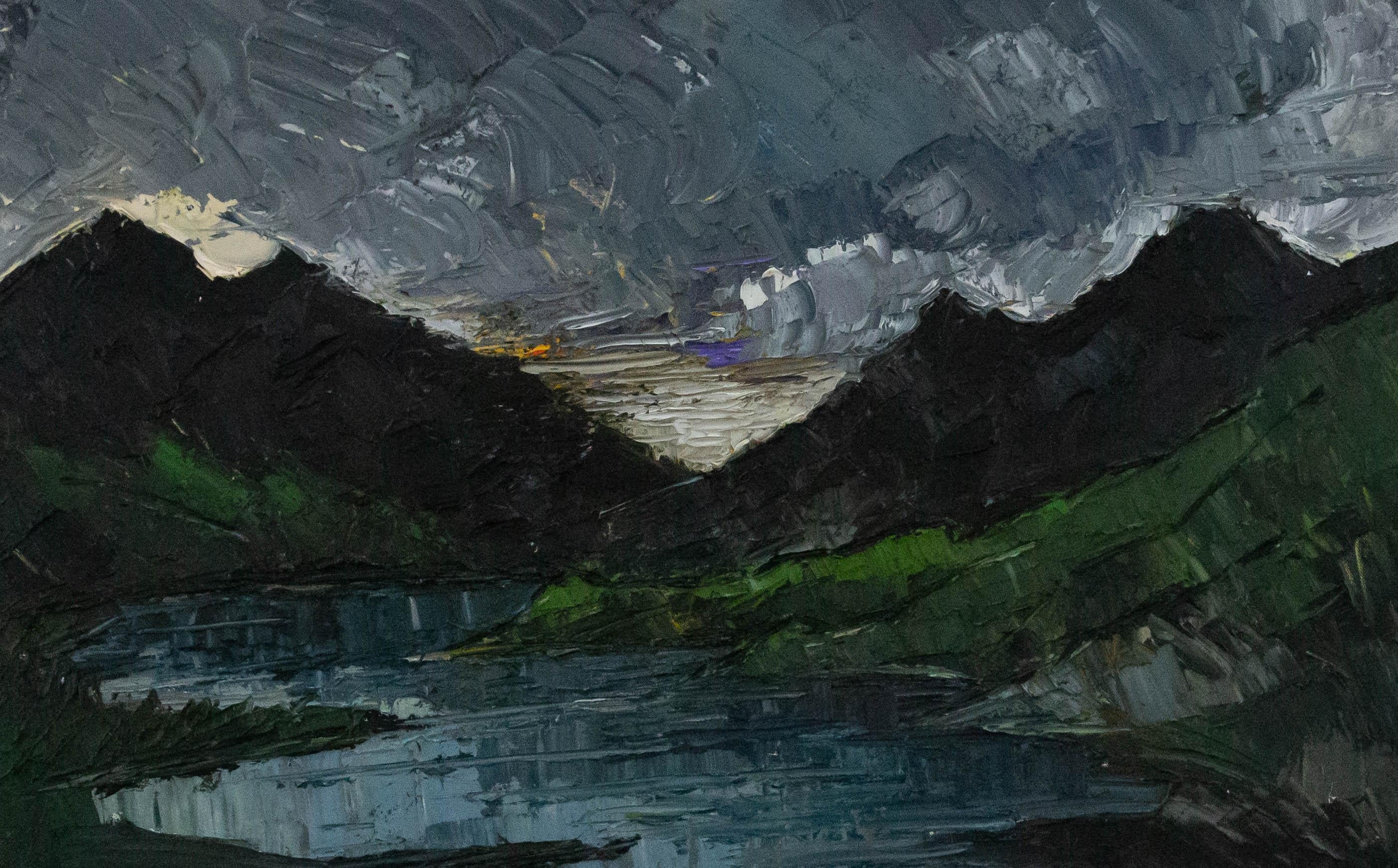 A highly expressive and textured landscape study of Snowdon, Wales. Areas of rich impasto have been applied to the canvas to perfectly capture the rugged and rocky beauty of the mountainside. Signed with initials to the lower right and inscribed to