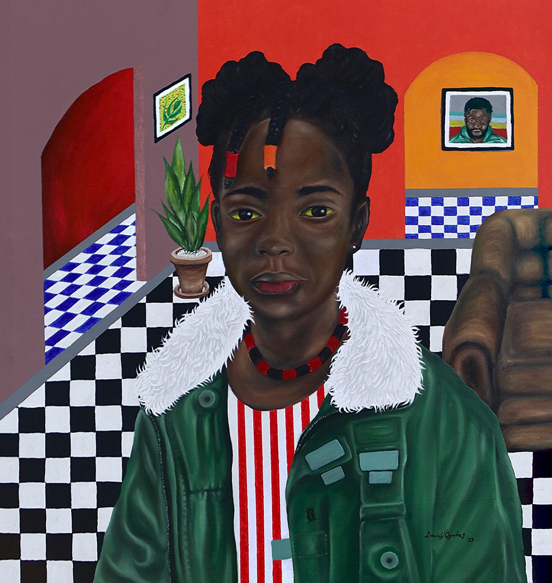 Mädchen in Grün – Mixed Media Art von Daniel Oguche Junior