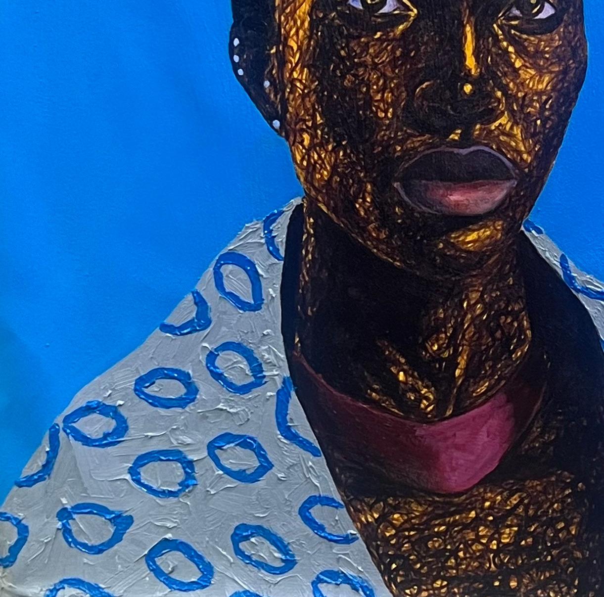 Moremi -21° secolo, Contemporaneo, Figurativo, Storico, Donna africana, Acrilico - Portrait Painting Blu di Daniel Owoeye