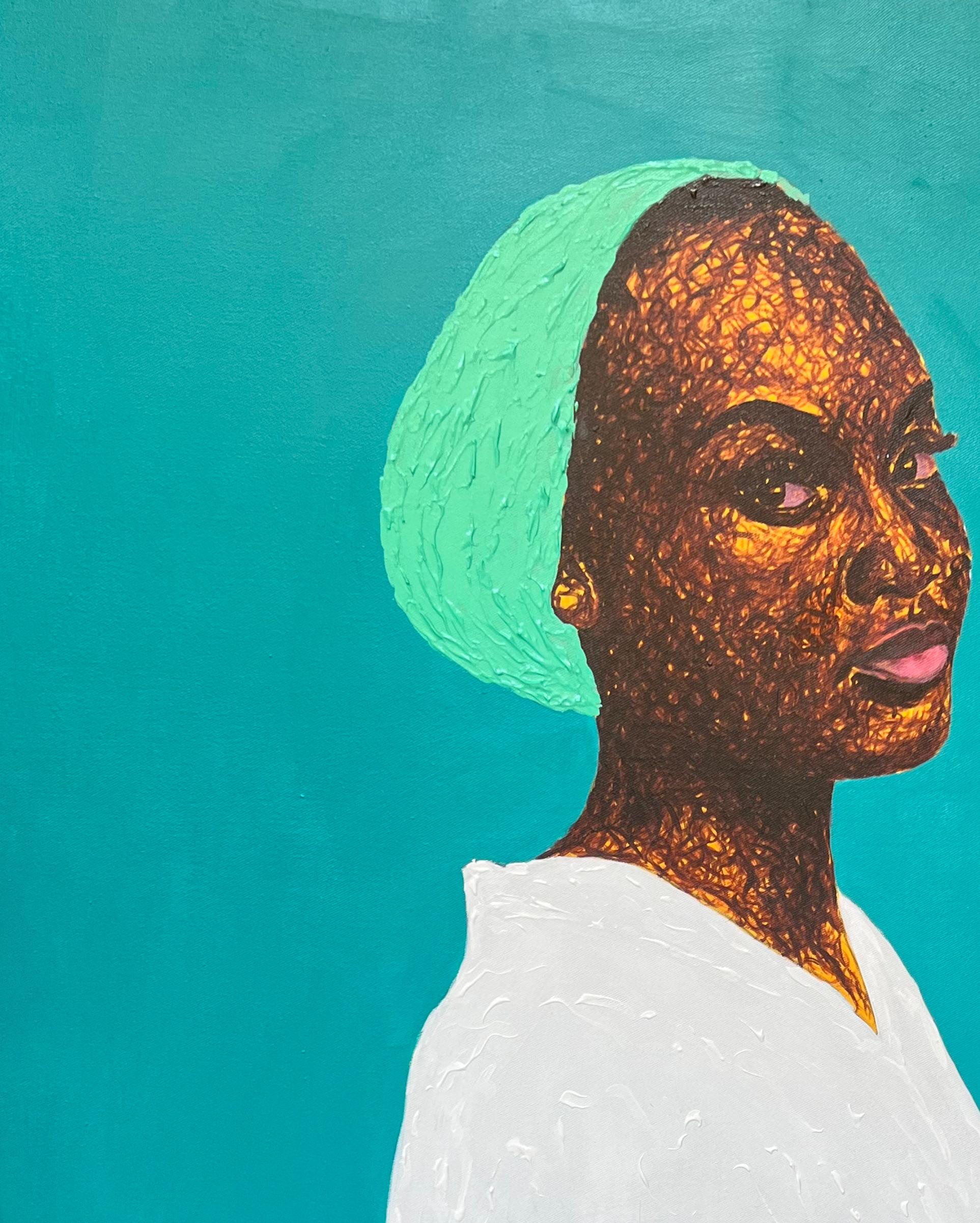 Sin título - Siglo XXI, Contemporáneo, Retrato figurativo, Mujer sobre blanco, Azul - Painting de Daniel Owoeye