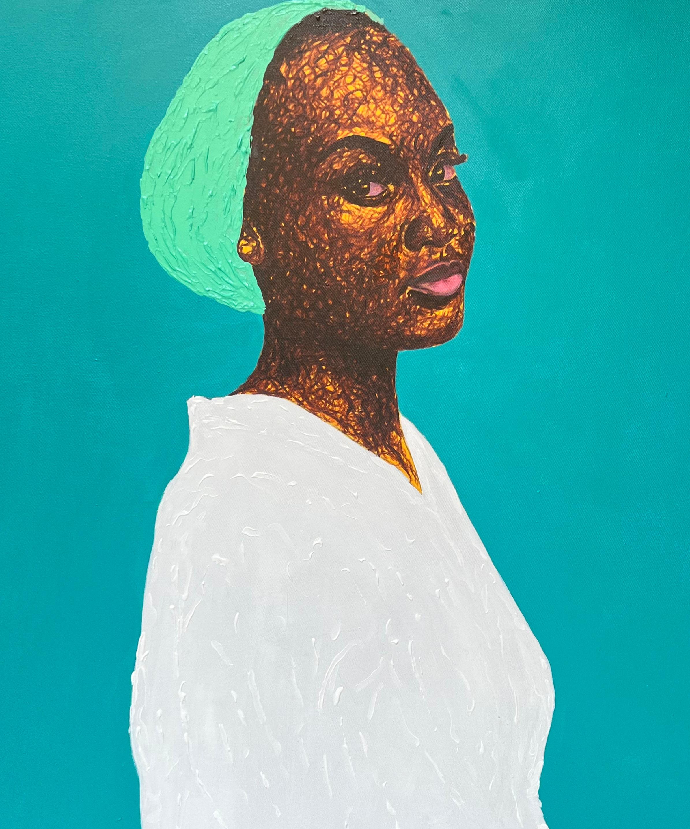 Sin título - Siglo XXI, Contemporáneo, Retrato figurativo, Mujer sobre blanco, Azul en venta 3