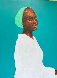 Sin título - Siglo XXI, Contemporáneo, Retrato figurativo, Mujer sobre blanco, Azul