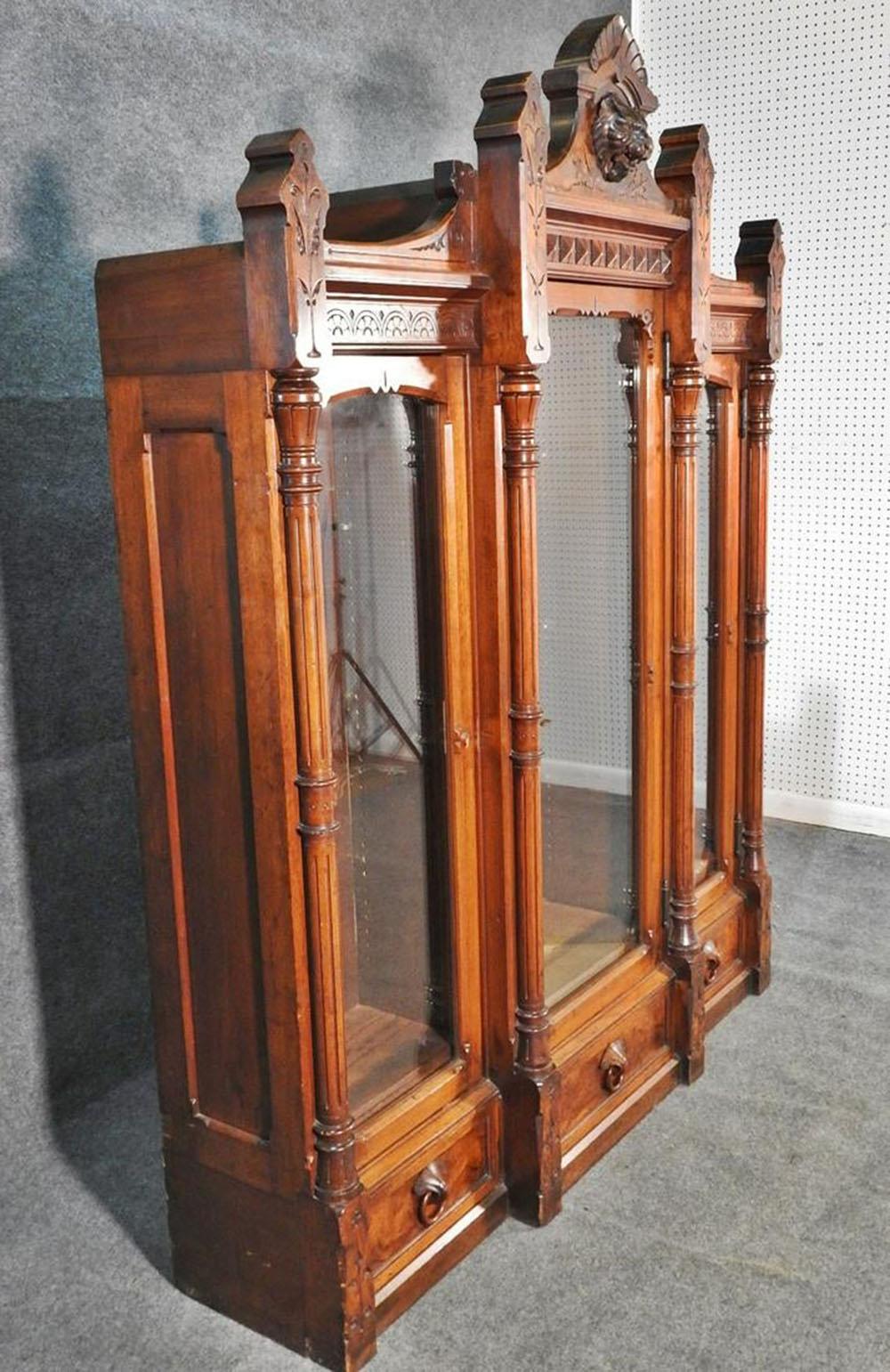 American Daniel Pabst Walnut Renaissance Revival Victorian Three-Door Bookcase circa 1870 For Sale
