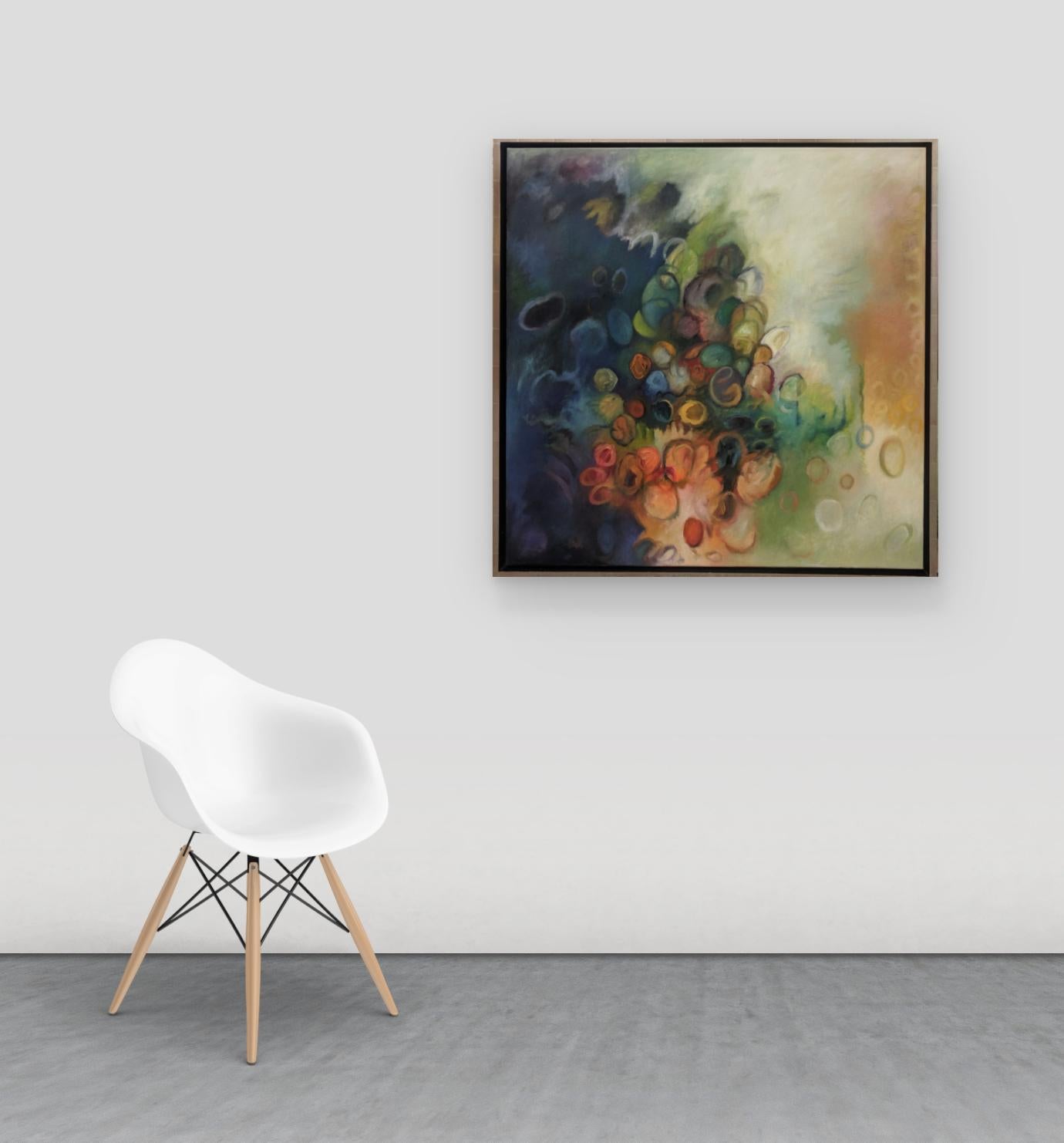 Círculos Uno, Naranja, Verde, Índigo, Cerceta, Violeta Oscuro Círculo Cuadrado Abstracto - Painting de Daniel Pailes-Friedman