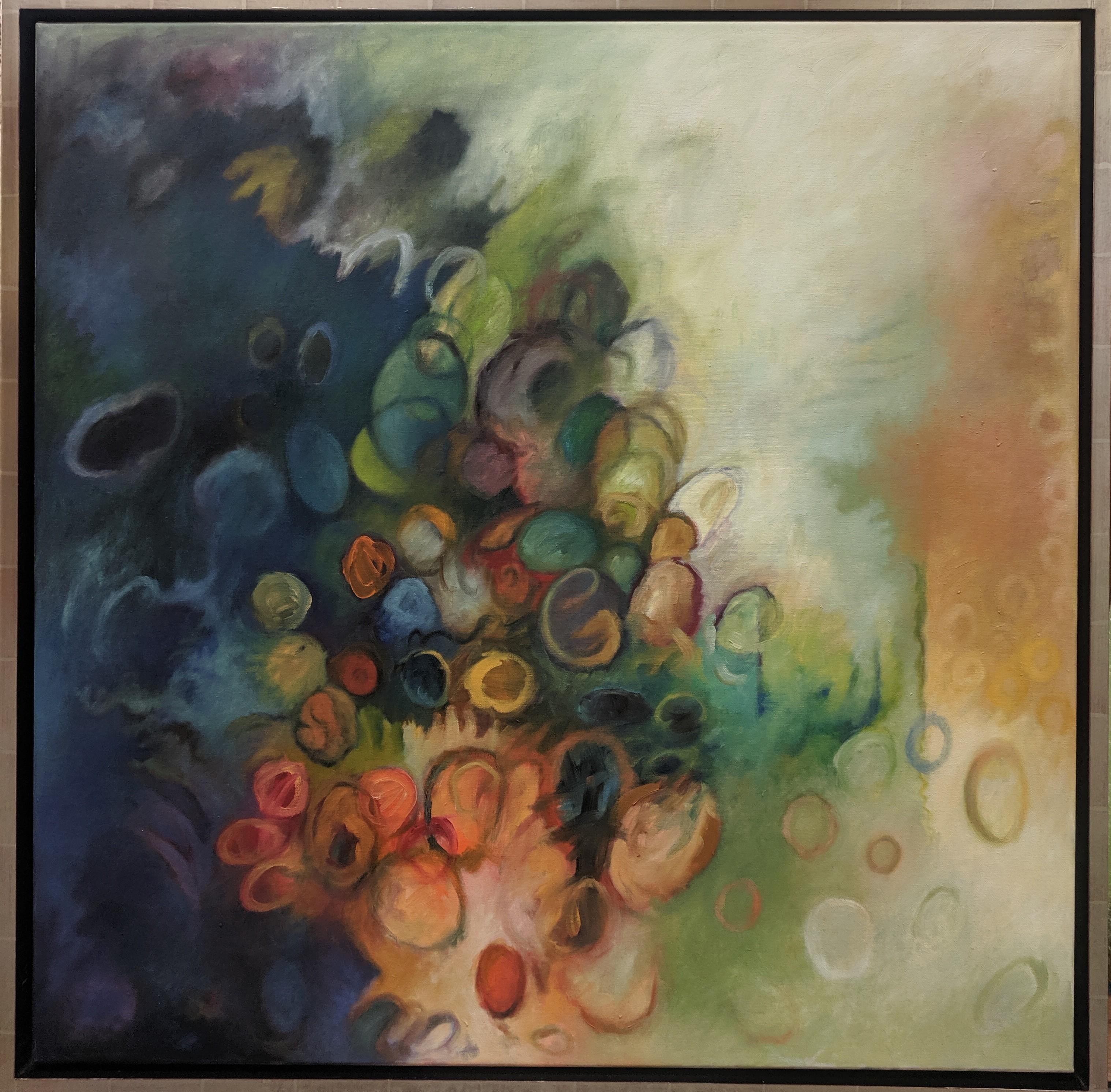 Abstract Painting de Daniel Pailes-Friedman - Círculos Uno, Naranja, Verde, Índigo, Cerceta, Violeta Oscuro Círculo Cuadrado Abstracto