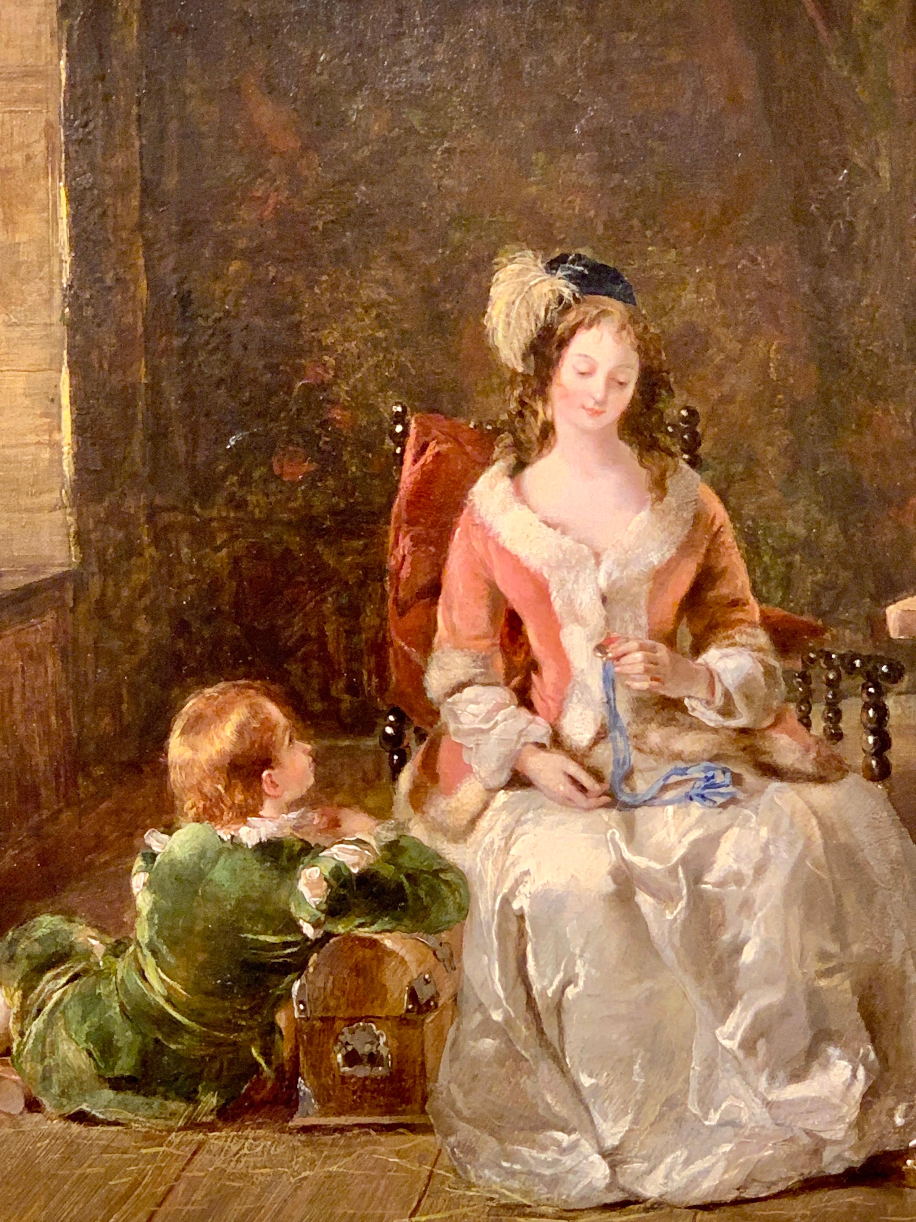 Antique English 19th century interior with mother and child and family treasures - Painting by Daniel Pasmore