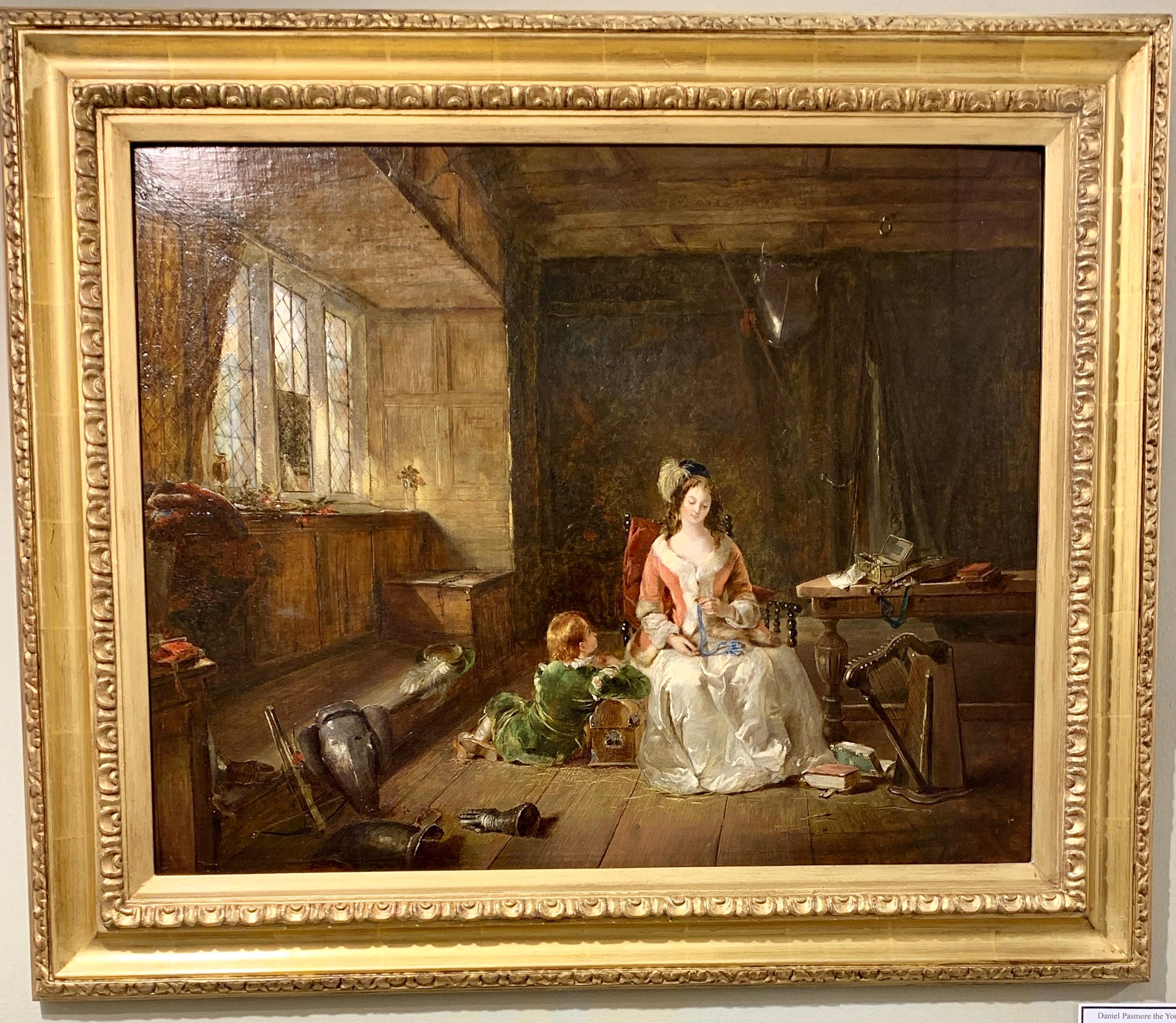Daniel Pasmore Interior Painting - Antique English 19th century interior with mother and child and family treasures