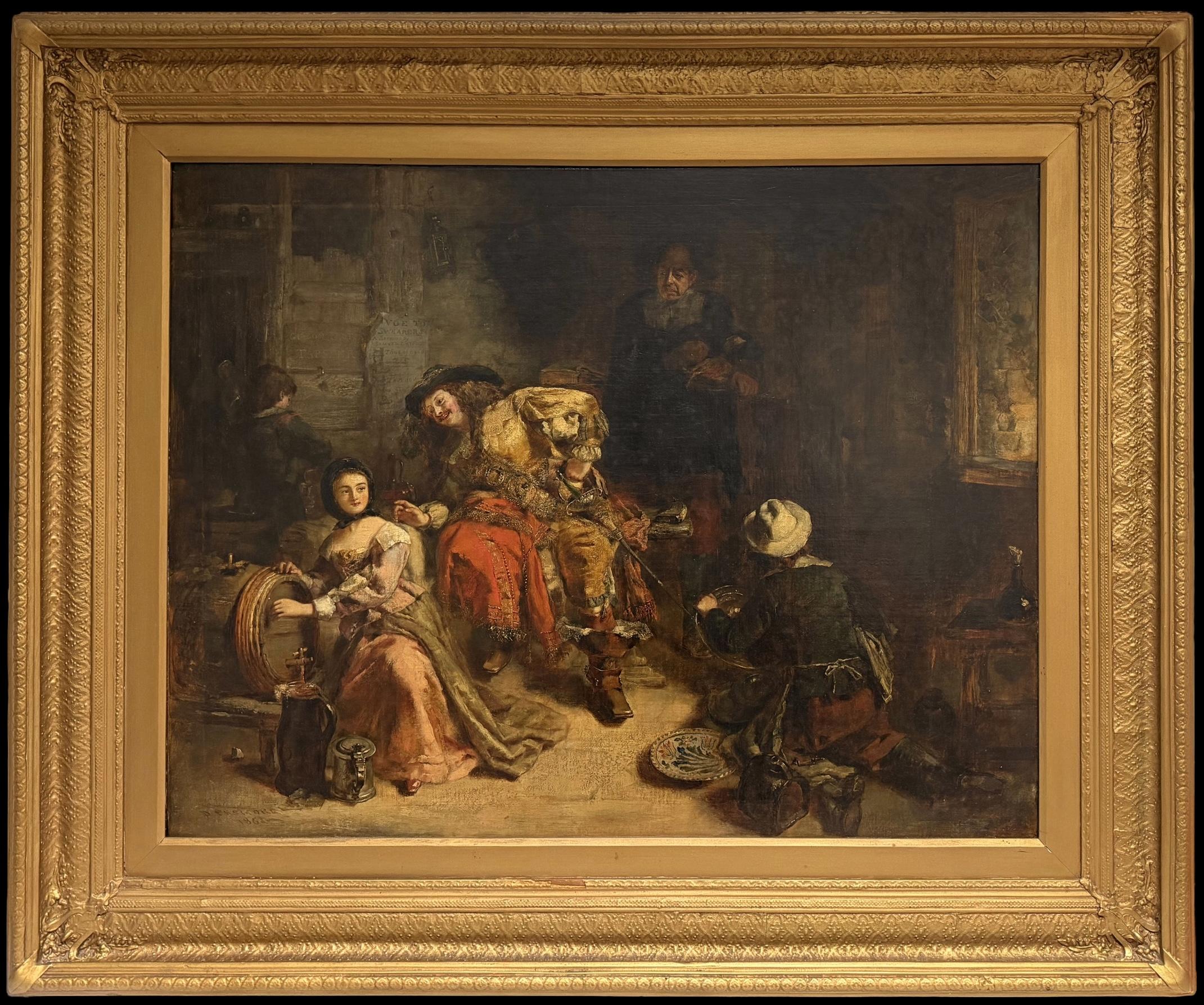 Fine English Victorian Tavern Interior Scene with Figures English Oil Painting