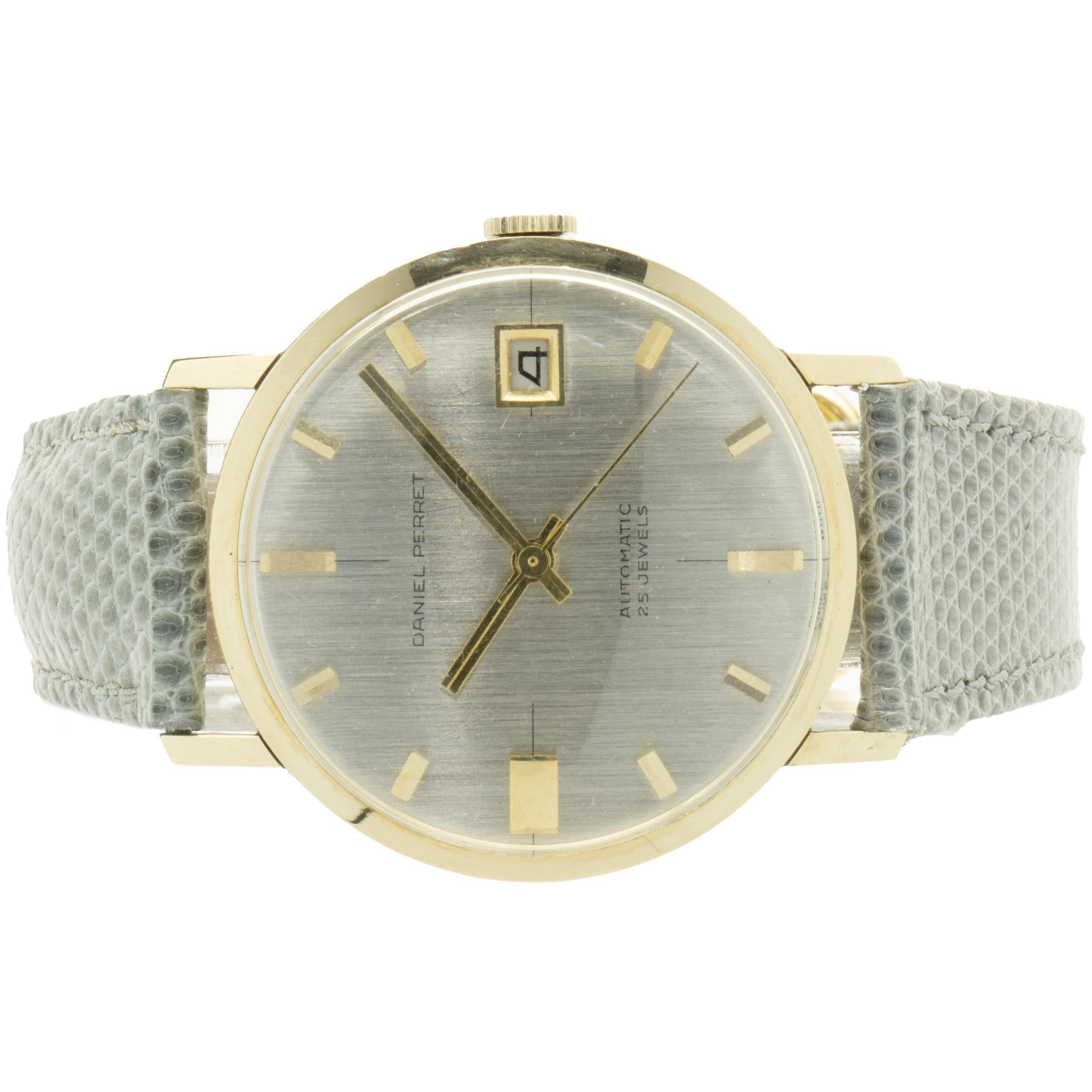 Movement: automatic
Function: hours, minutes, seconds, date
Case: 33.9mm round 18K yellow gold case, acrylic crystal, push/pull crown, smooth bezel
Dial: silver stick
Bracelet: grey lizard, buckle
Serial # 25XXX

No box or papers included
Guaranteed