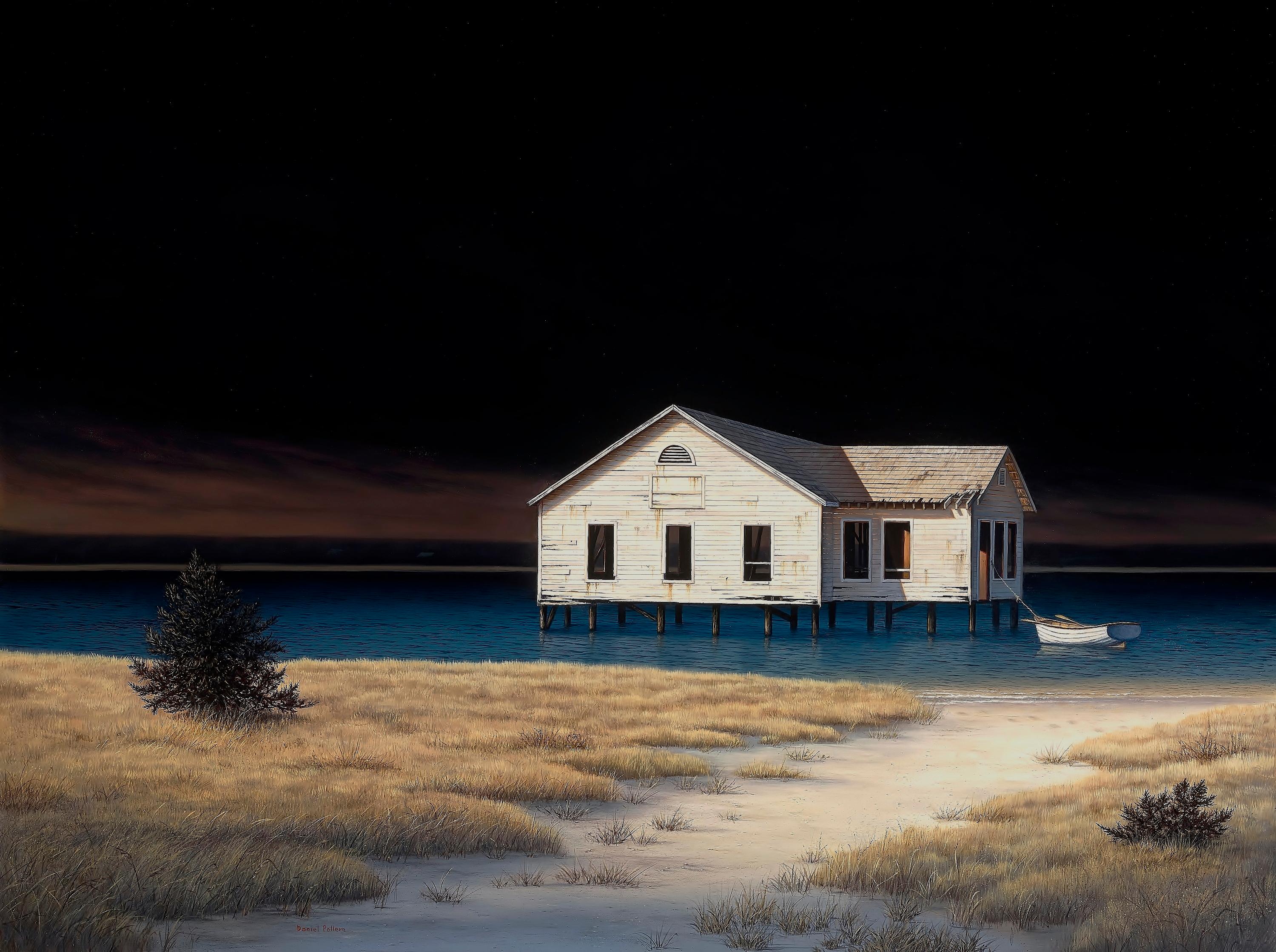 Daniel Pollera Landscape Painting - DANIEL POLLERA "Old Boathouse" contemporary night seascape oil on linen 
