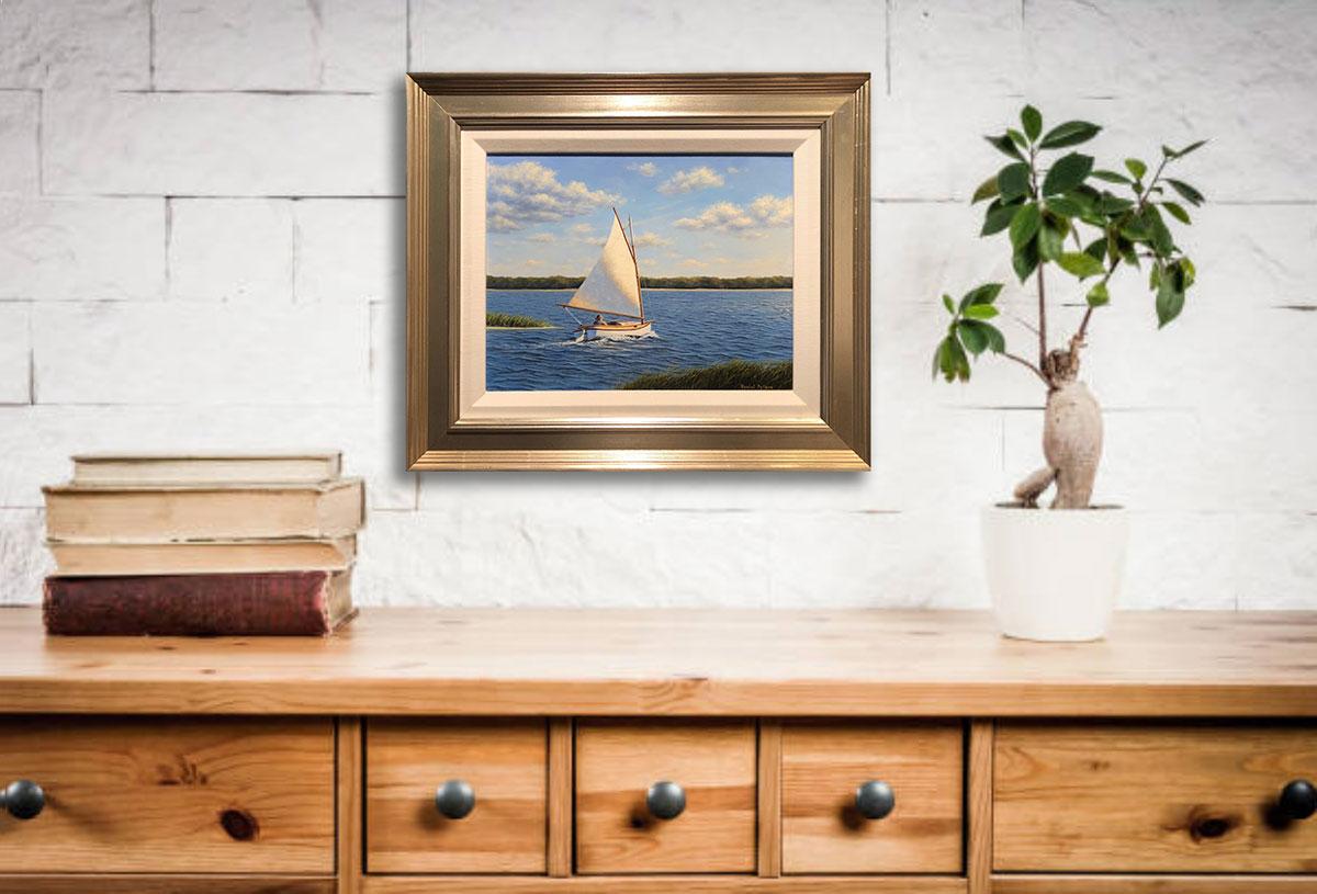 This contemporary realist painting by Daniel Pollera depicts a figure wearing a hat, sitting in a sailboat, sailing out into the open Bay. The sailboat creates misty ripples in the water as it sails toward the sun, which can be seen casting light