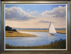 'Sailors Creek', large oil painting with sailboat in blue water