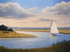 'Sailors Creek', large oil painting with sailboat in blue water