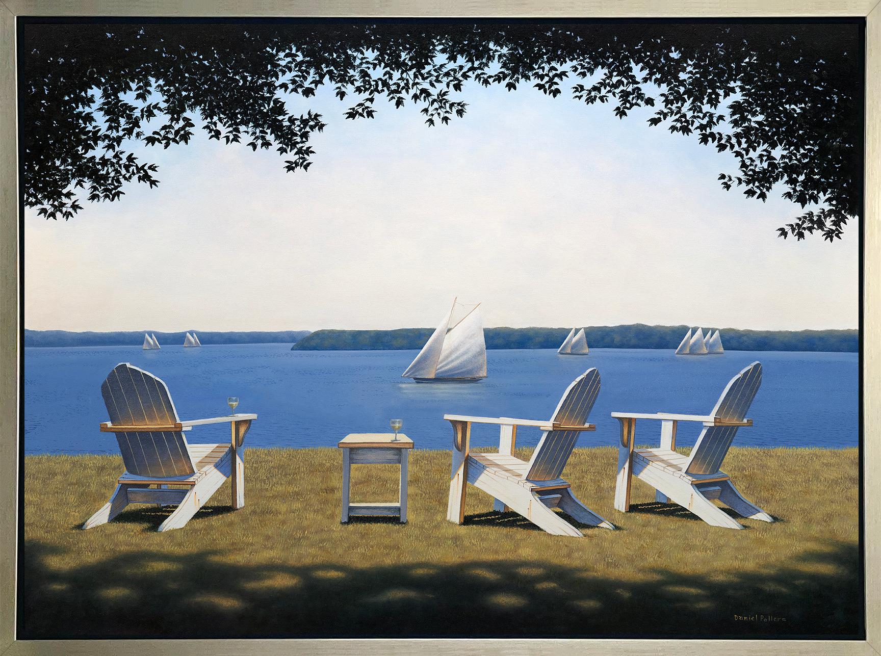 Daniel Pollera Landscape Print – ""Afternoon Seating", gerahmter Giclee-Druck in limitierter Auflage, 76,2 x 76,2 cm