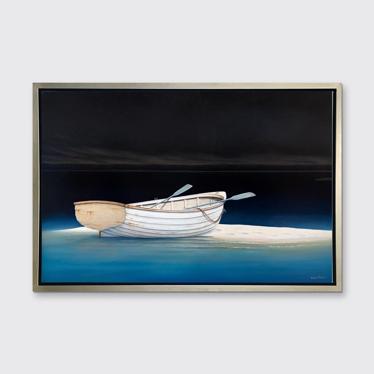 This coastal Limited Edition print by Daniel Pollera depicts a brightly-lit row boat, with two ores resting on either edge of the boat, sitting on a small island of sand in the water. Deep blue water surrounds the sand, and turns to near back as it