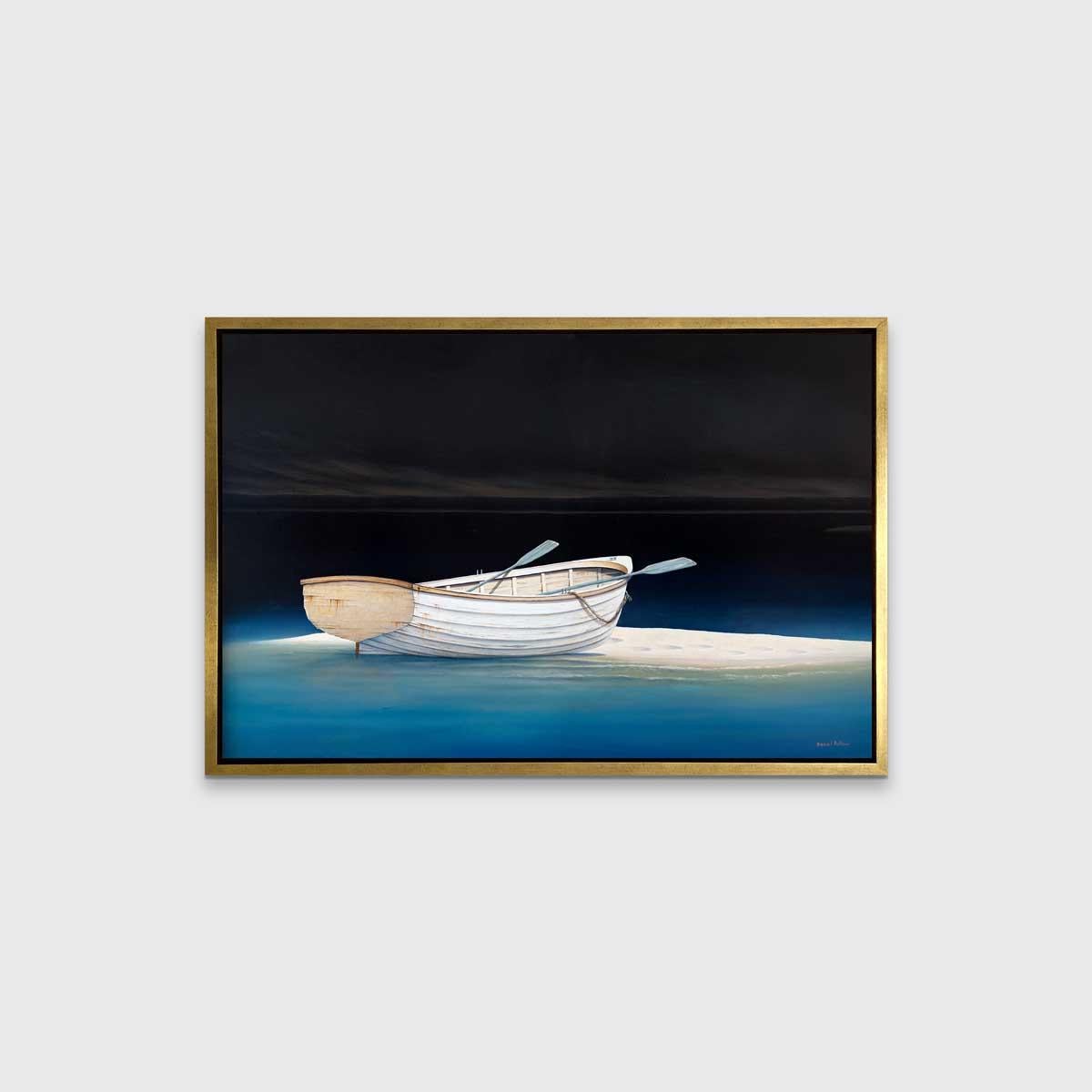 This coastal Limited Edition print by Daniel Pollera depicts a brightly-lit row boat, with two ores resting on either edge of the boat, sitting on a small island of sand in the water. Deep blue water surrounds the sand, and turns to near back as it