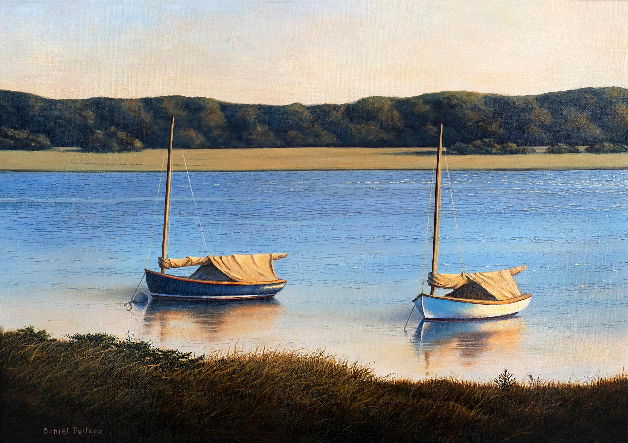 This coastal seascape Limited Edition giclee print by Daniel Pollera captures two small sailboats, one white and one navy blue, anchored along a grassy shoreline in the foreground. The boats' reflections are visible in the pale water, which fades