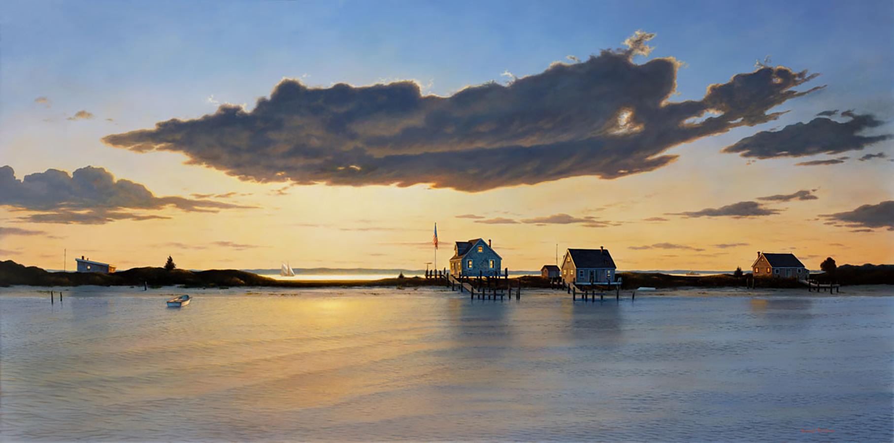 This coastal seascape by contemporary realist Daniel Pollera captures a line of coastal homes at sunset. Along the horizon, four houses are visible with docks, while an orange sky with dramatic clouds cast a warm glow over the water beneath it.